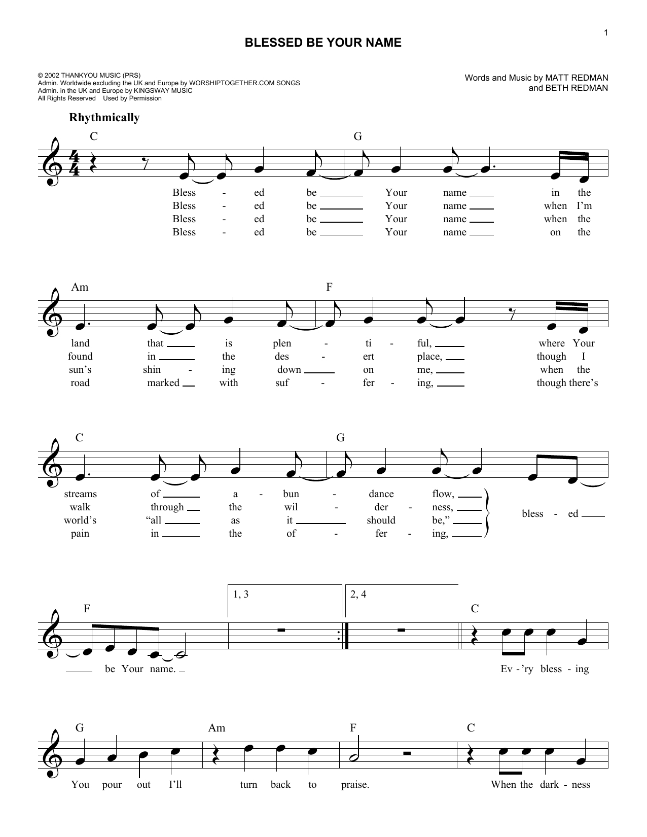 Blessed Be Your Name Chords Blessed Be Your Name Matt Redman Piano Vocal Guitar Right Hand Melody Digital Sheet Music