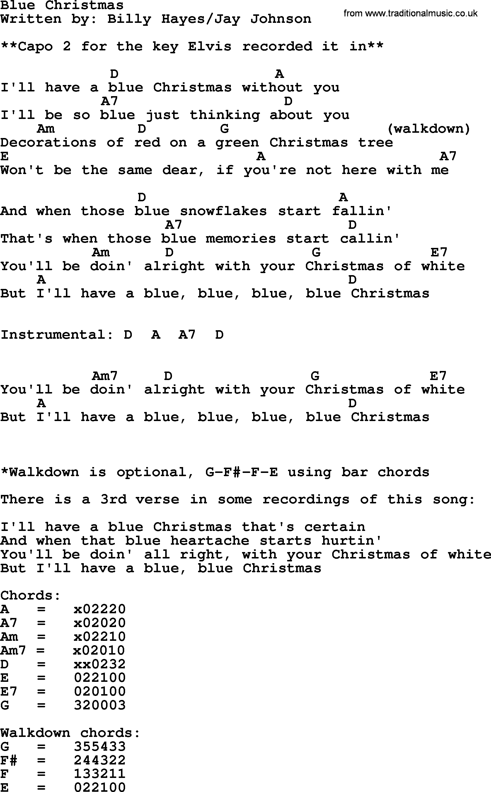 Blue Christmas Chords Blue Christmas Elvis Presley Lyrics And Chords