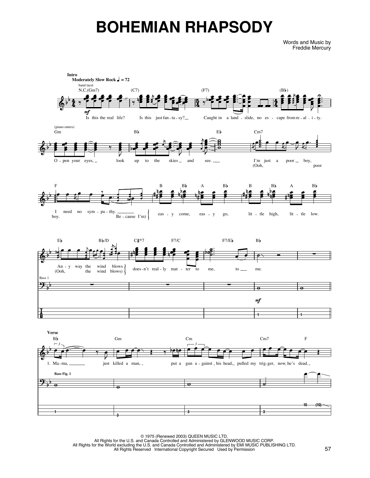 Bohemian Rhapsody Chords Bohemian Rhapsody Queen Piano Vocal Guitar Right Hand Melody Digital Sheet Music