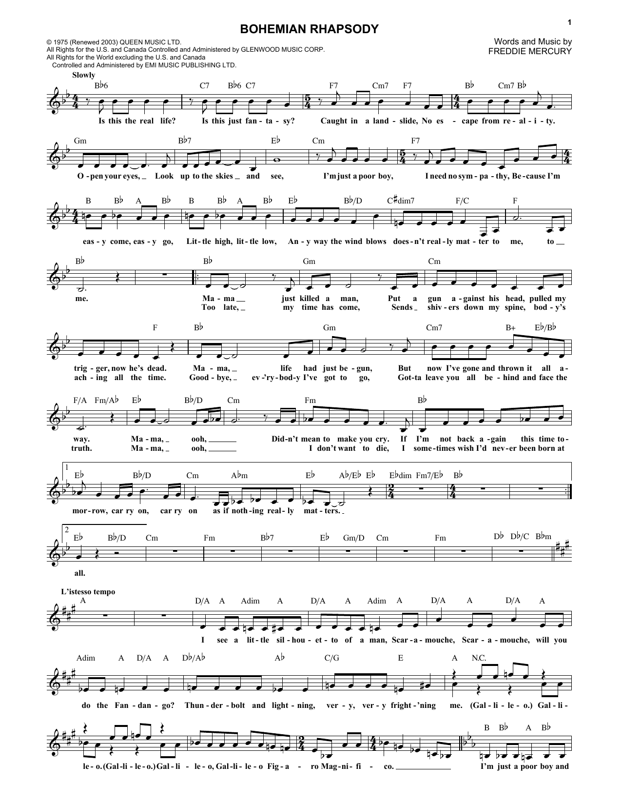 Bohemian Rhapsody Chords Queen Bohemian Rhapsody Sheet Music Notes Chords Download Printable Melody Line Lyrics Chords Sku 85640