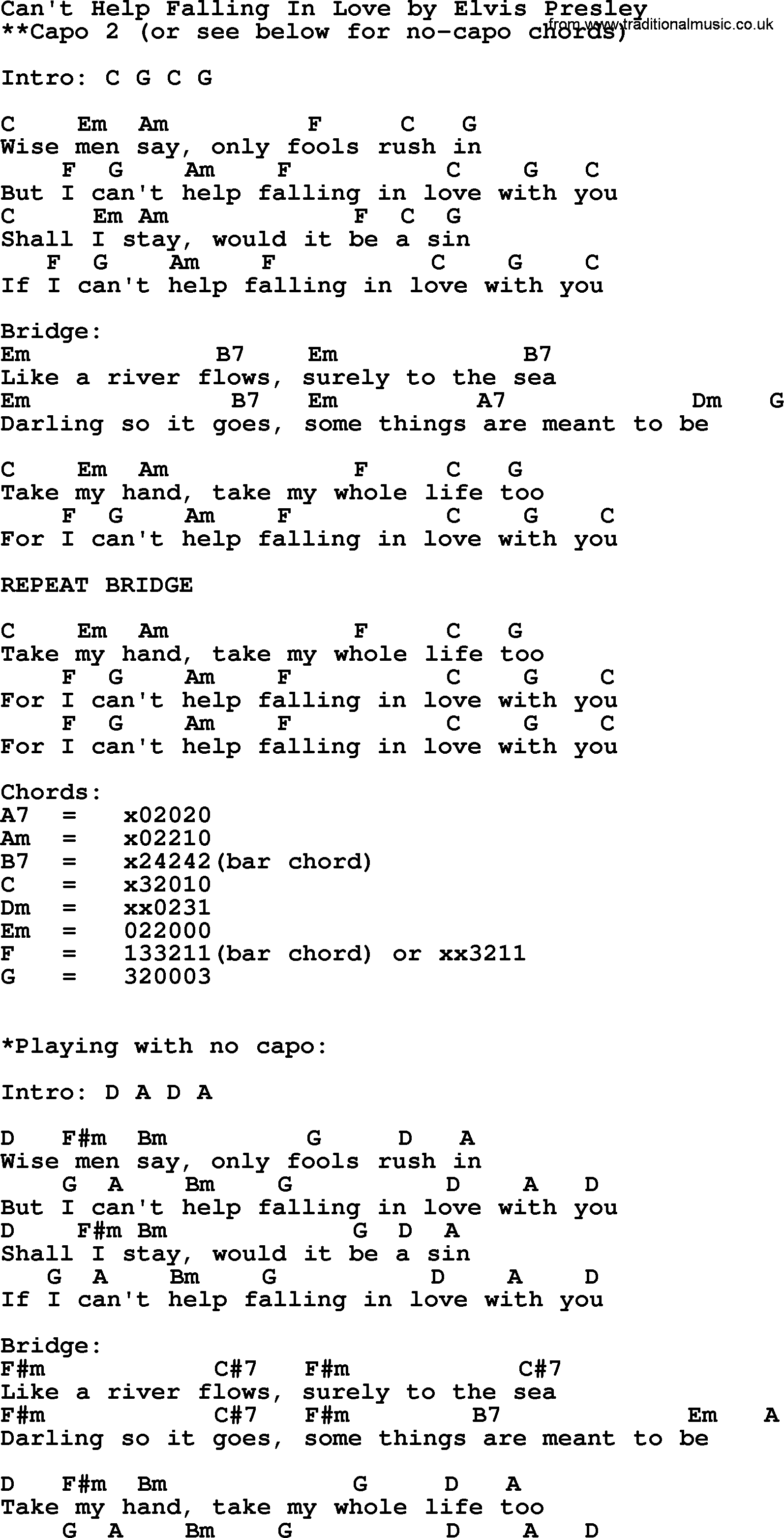 Can T Help Falling In Love Chords Cant Help Falling In Love Elvis Presley Lyrics And Chords
