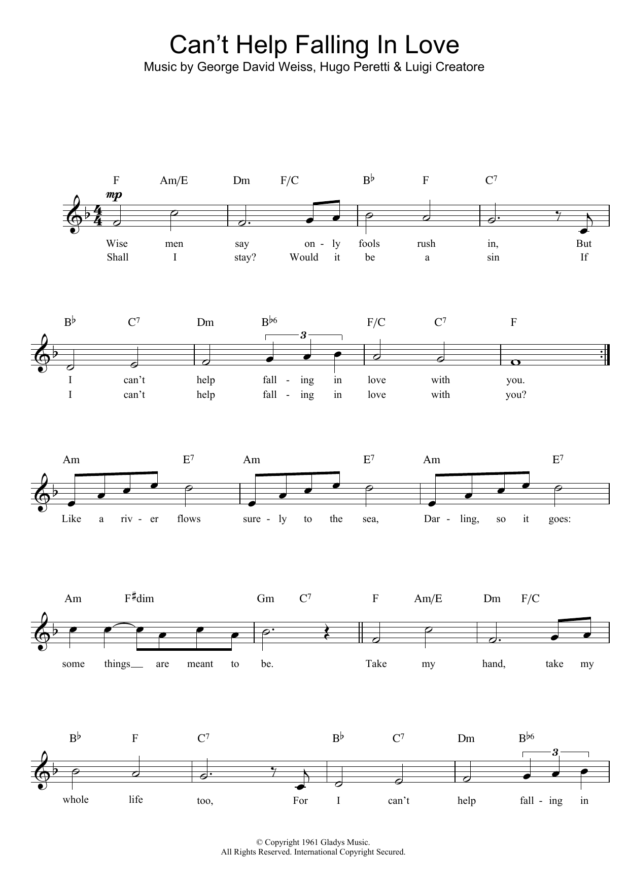 Can T Help Falling In Love Chords Cant Help Falling In Love Ub40 Lead Sheet Fake Book Digital Sheet Music