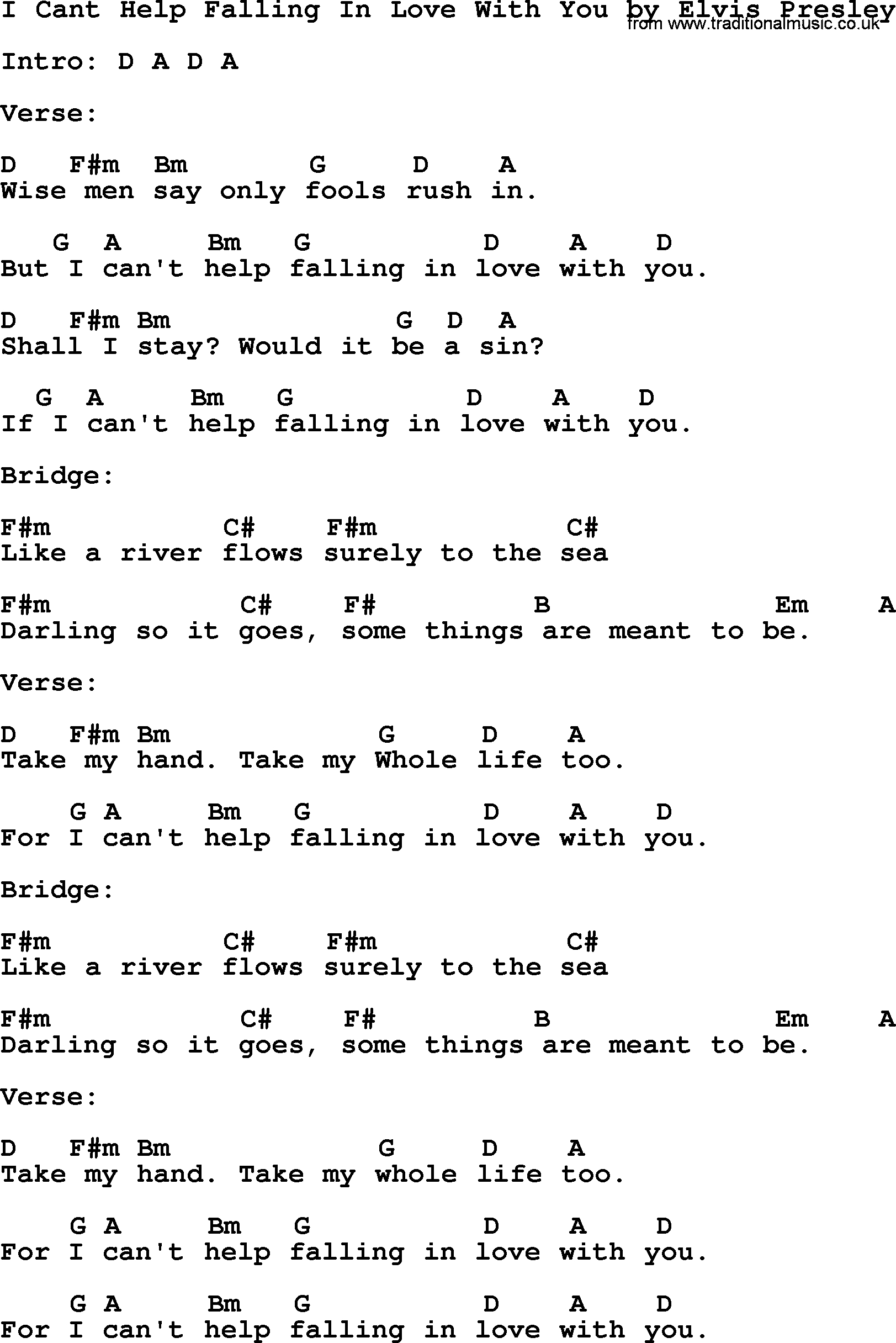 Can T Help Falling In Love Chords I Cant Help Falling In Love With You Elvis Presley Lyrics And
