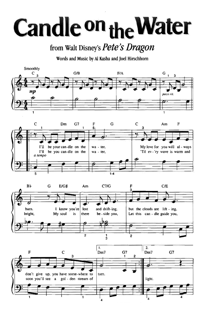 Cold Water Chords Candle On The Water Petes Dragon Piano Sheet Music Guitar Chords