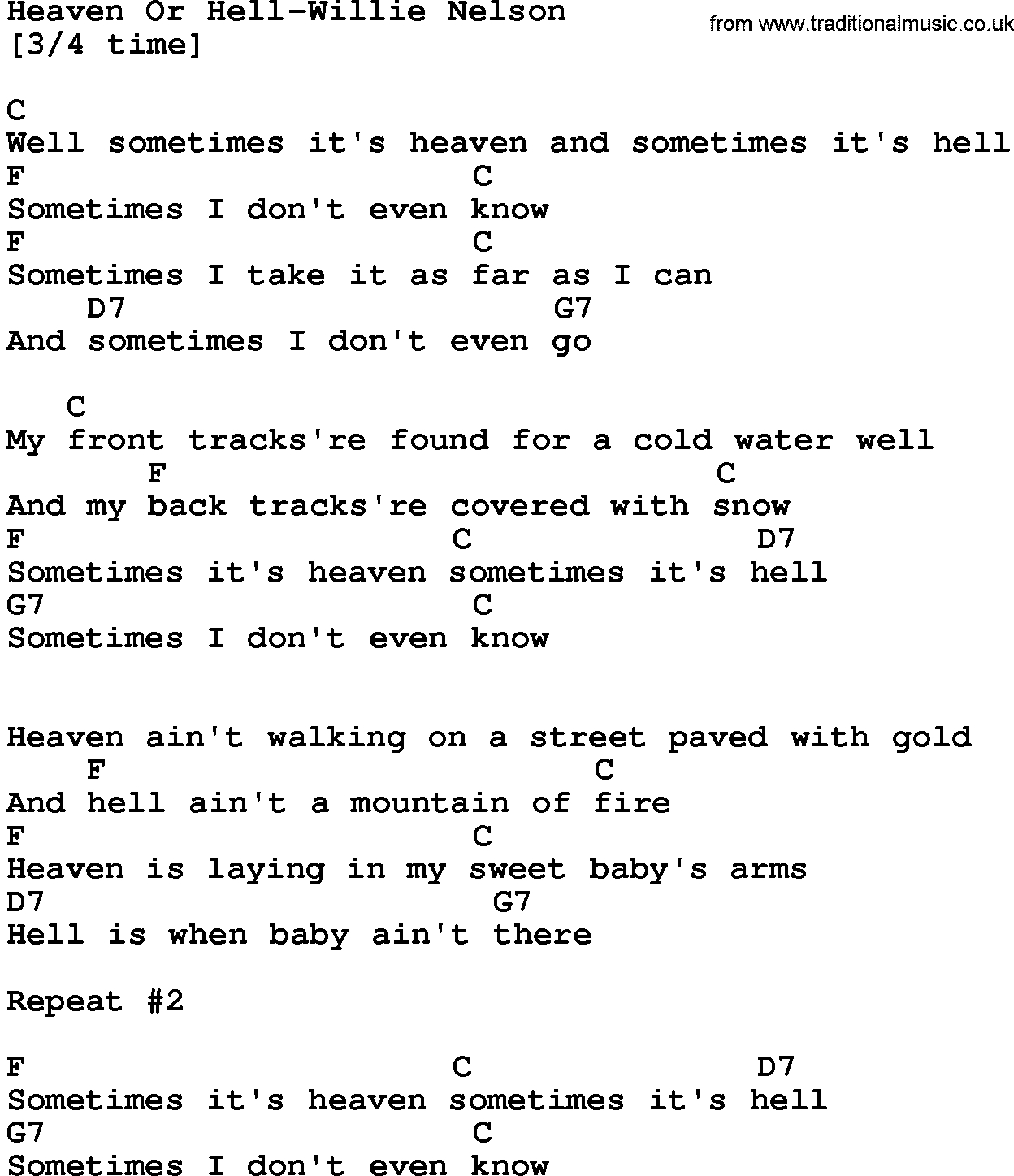 Cold Water Chords Country Musicheaven Or Hell Willie Nelson Lyrics And Chords