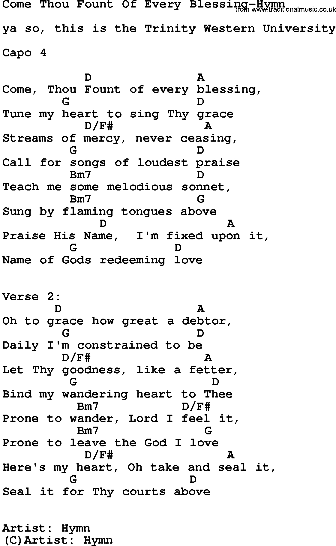 Come Thou Fount Chords Gospel Song Come Thou Fount Of Every Blessing Hymn Lyrics And Chords