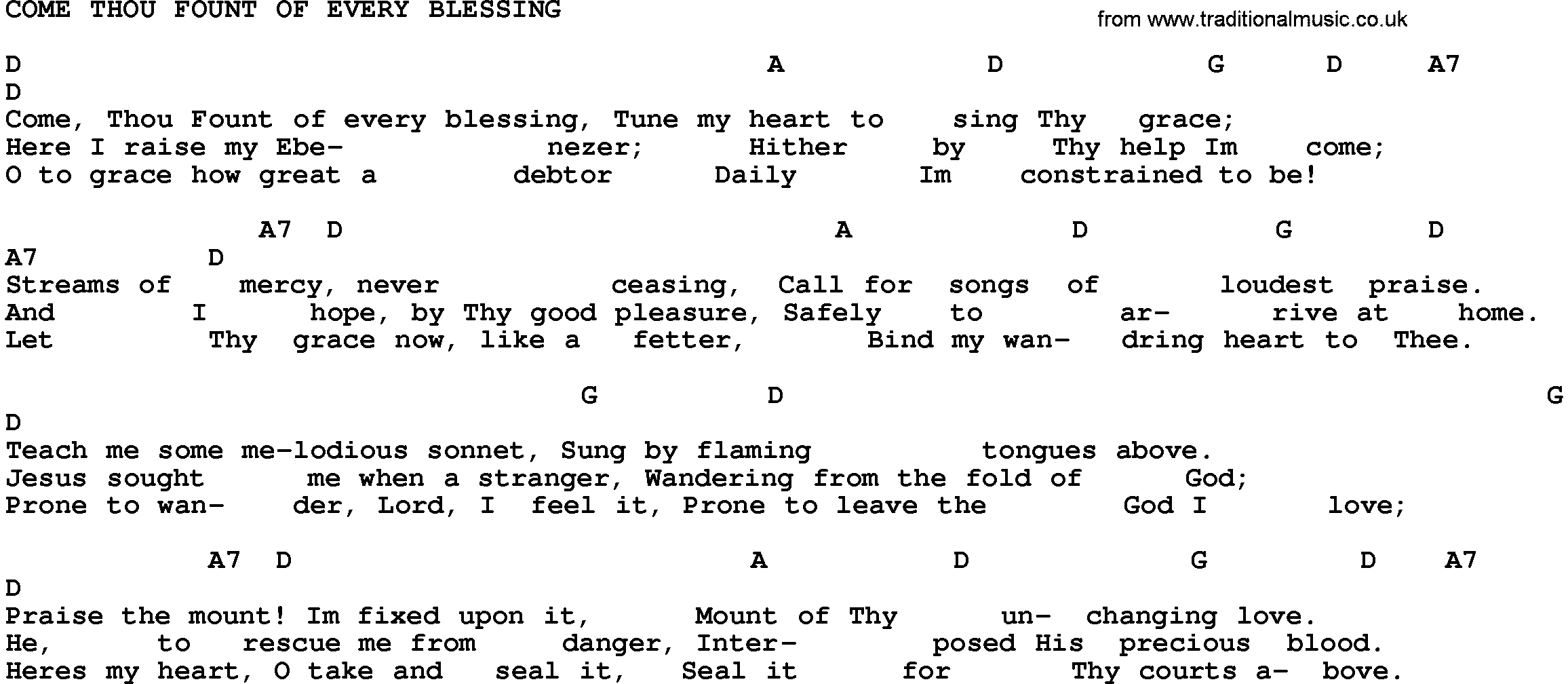 Come Thou Fount Chords Gospel Song Come Thou Fount Of Every Blessing Trad Lyrics And Chords