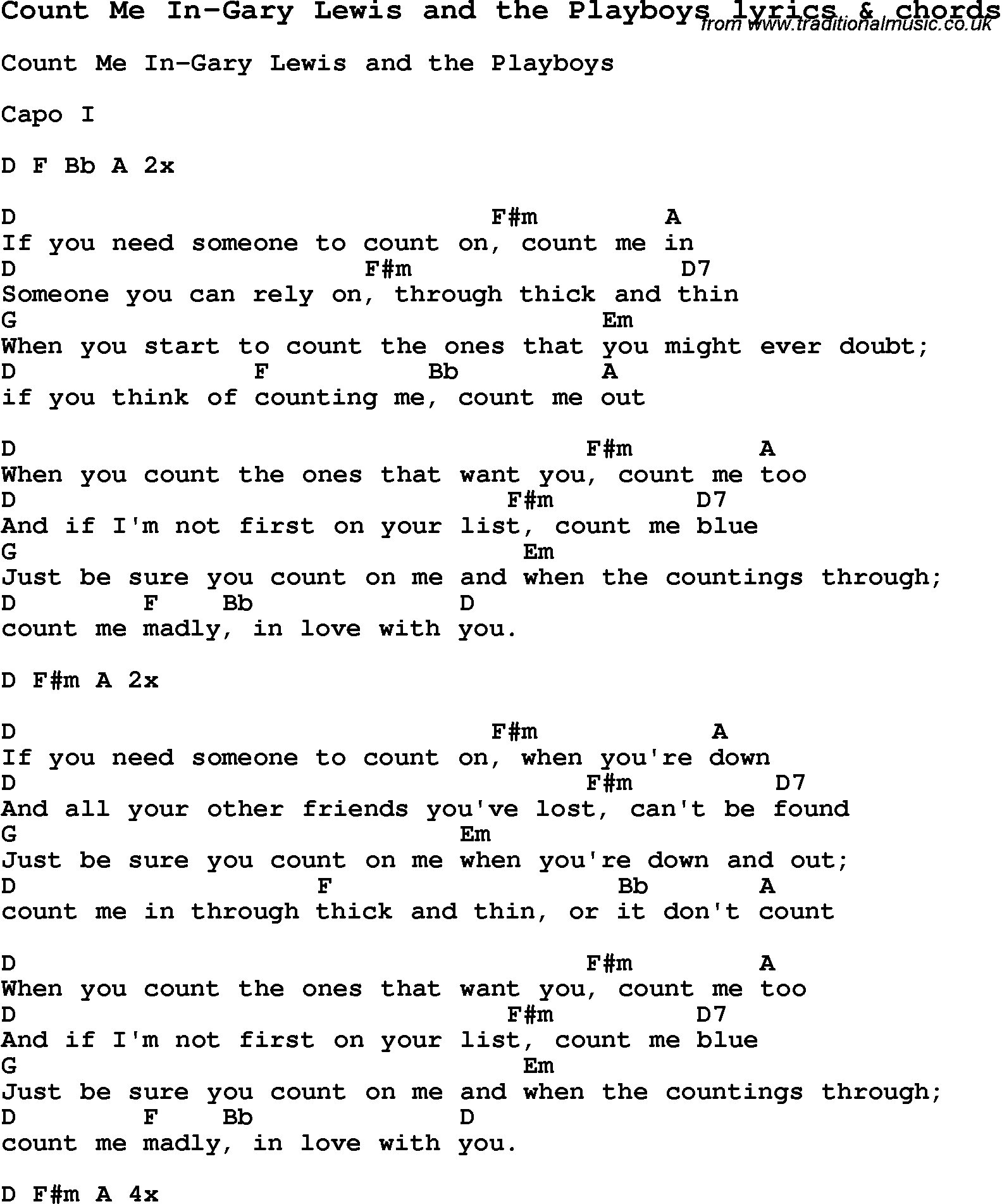 Count On Me Chords Love Song Lyrics Forcount Me In Gary Lewis And The Playboys With
