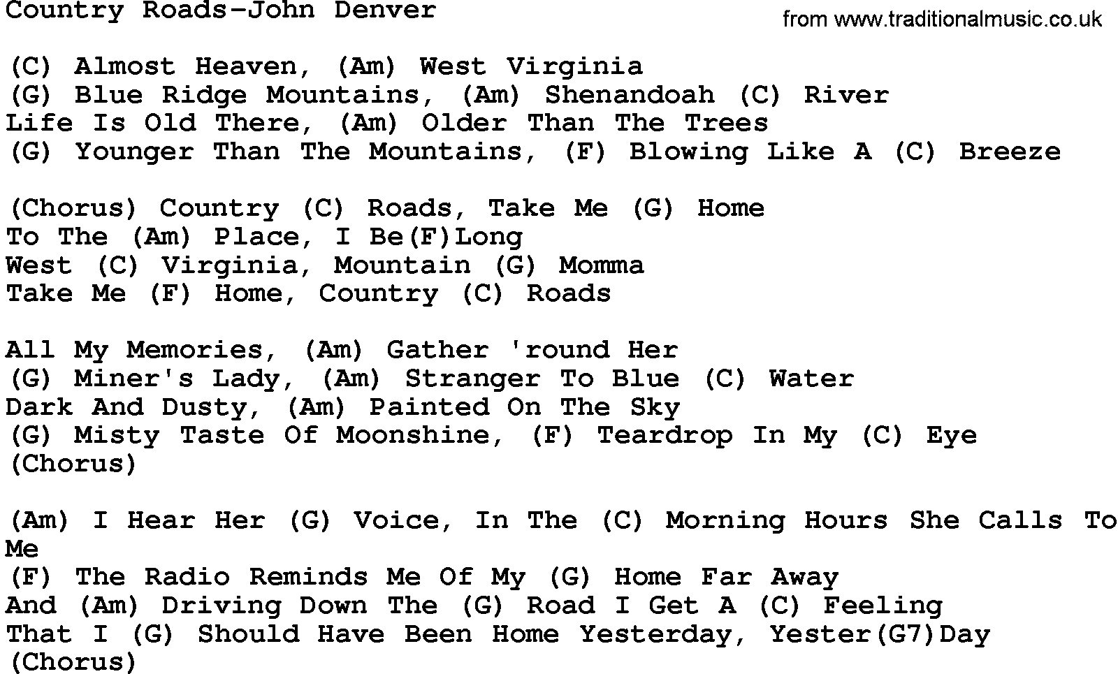 Country Roads Chords Country Roads Lyrics Download