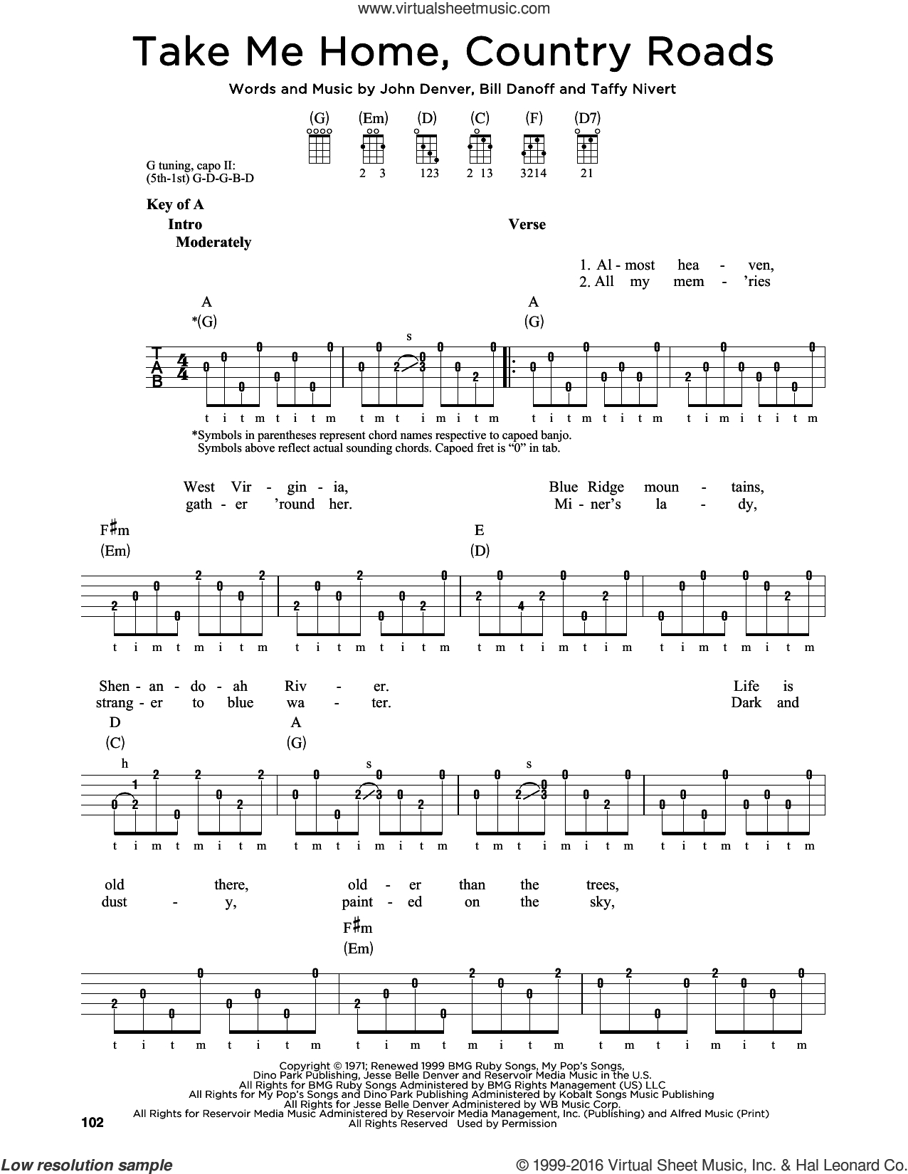 Country Roads Chords Denver Take Me Home Country Roads Sheet Music For Banjo Solo