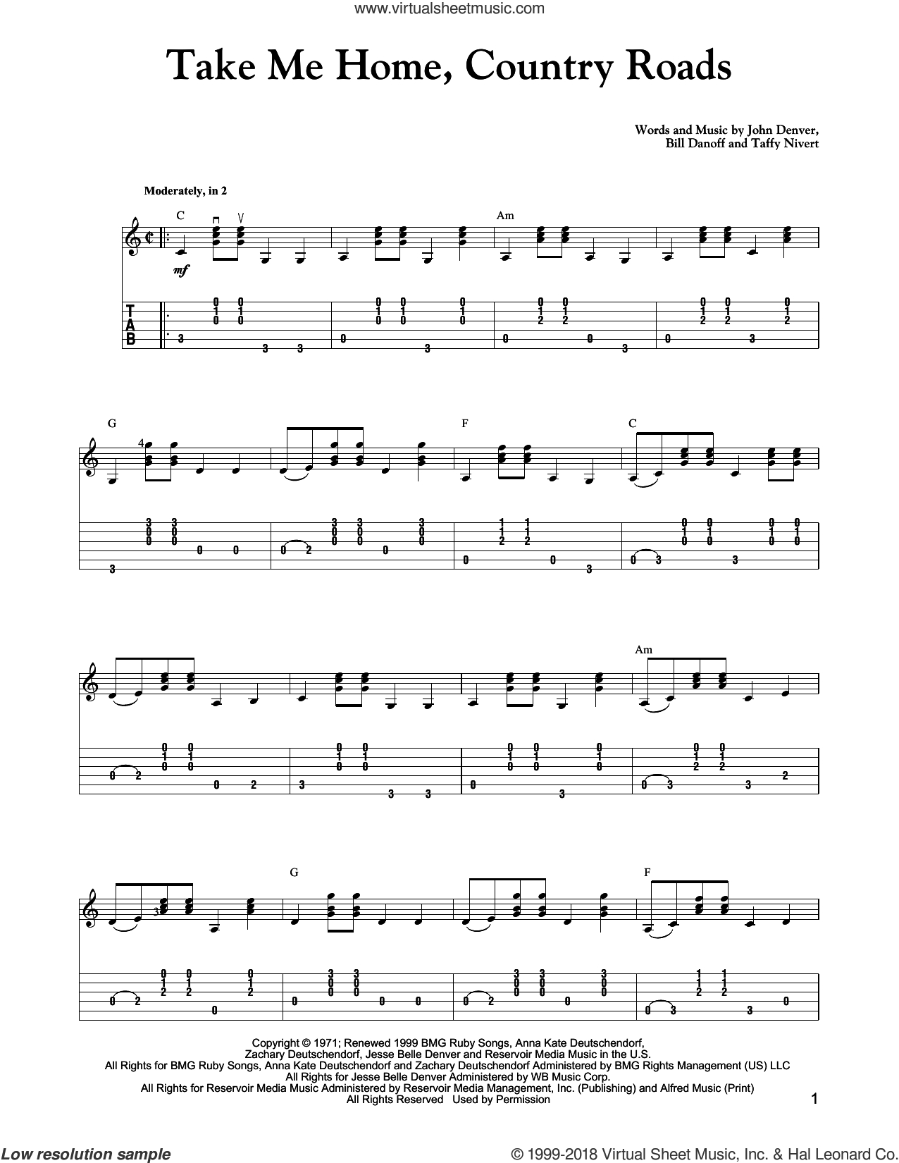 Country Roads Chords Denver Take Me Home Country Roads Sheet Music Intermediate For Guitar Solo
