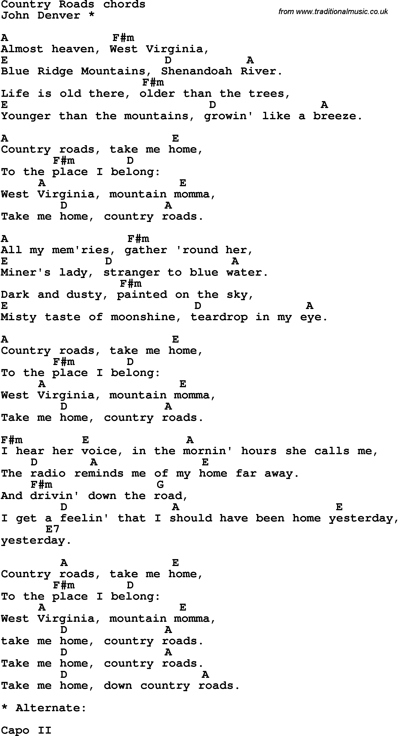 Country Roads Chords Song Lyrics With Guitar Chords For Country Roads