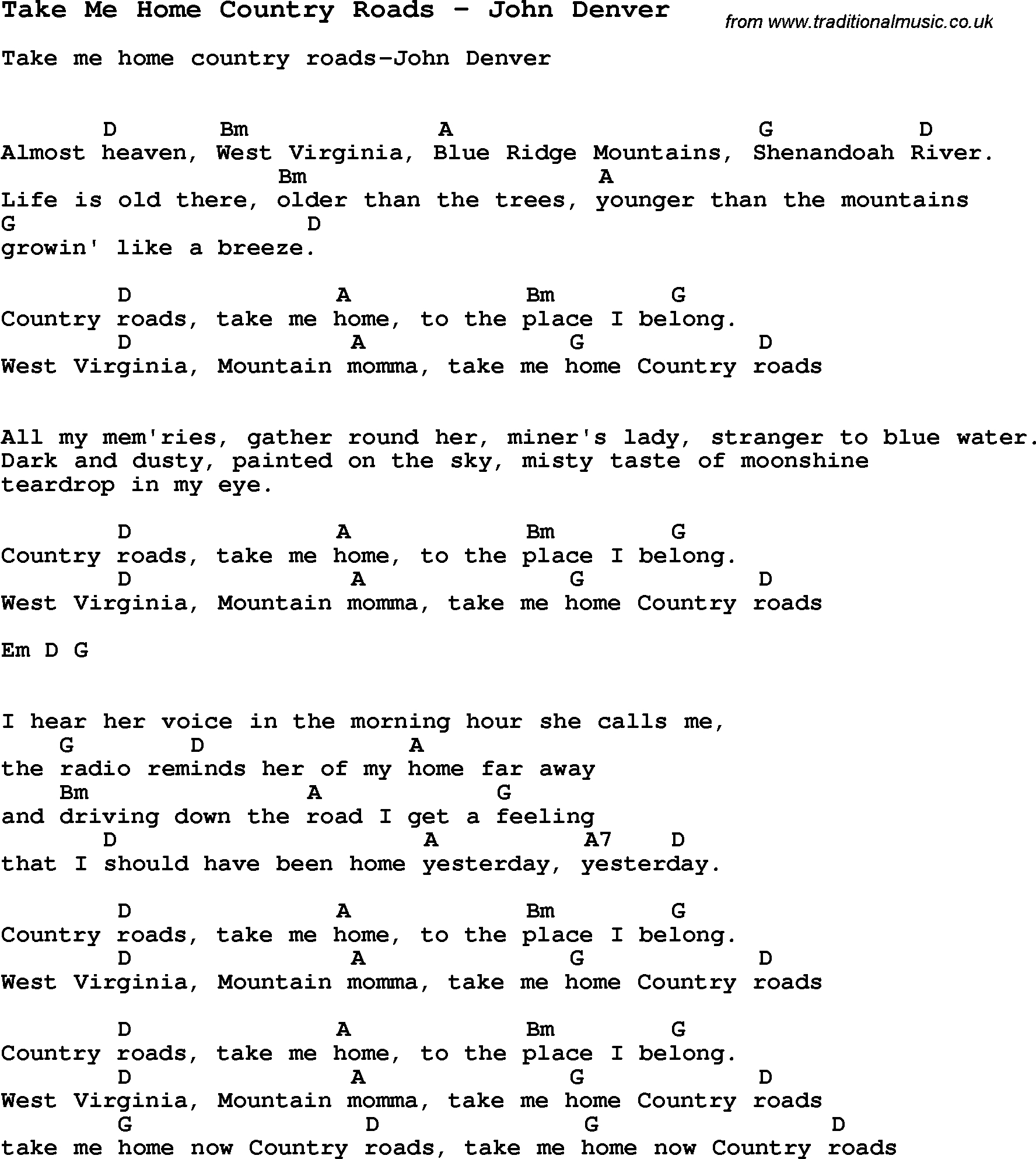 Country Roads Chords Song Take Me Home Country Roads John Denver Song Lyric For Vocal