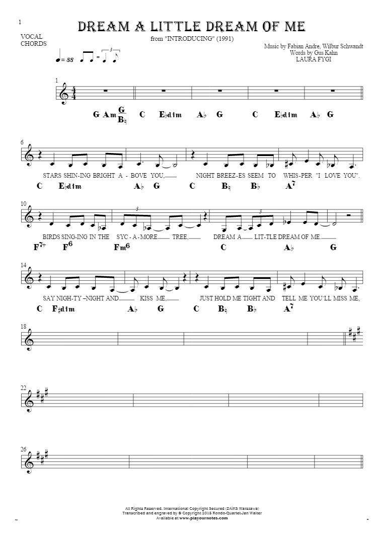 Dream A Little Dream Of Me Chords Dream A Little Dream Of Me Notes Lyrics And Chords For Vocal With Accompaniment