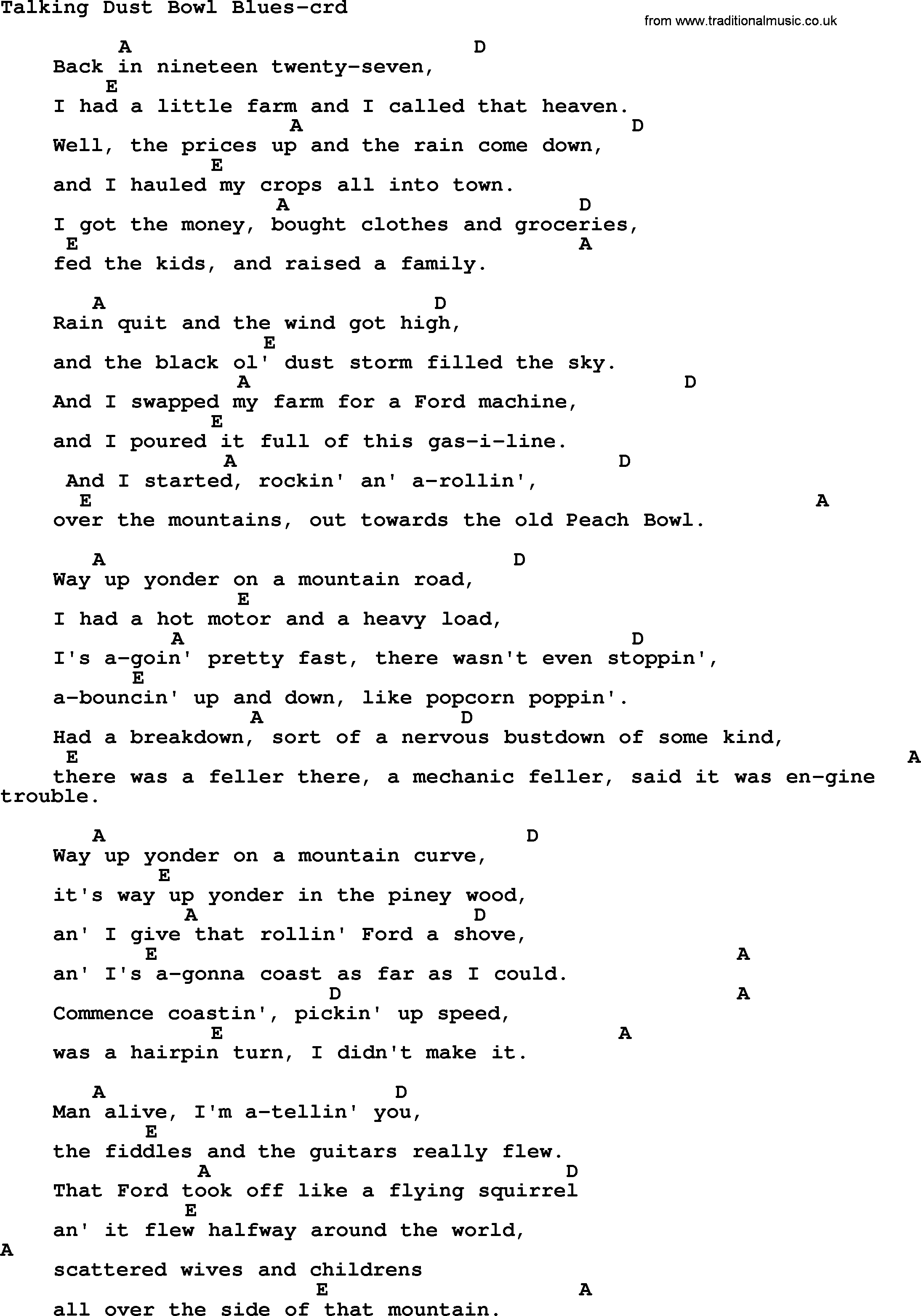 Dust In The Wind Chords Woody Guthrie Song Talking Dust Bowl Blues Lyrics And Chords