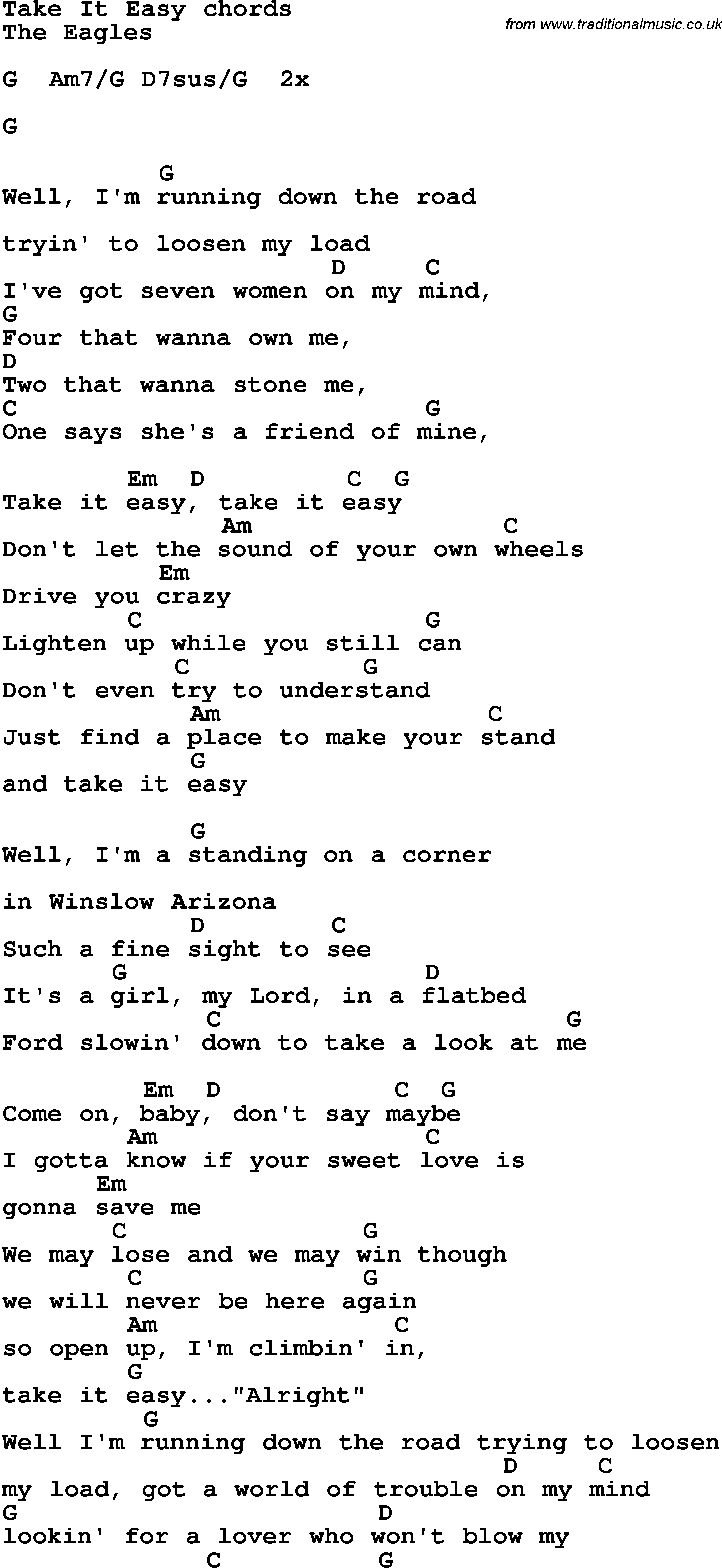 Easy Guitar Chords Song Lyrics With Guitar Chords For Take It Easy The Eagles