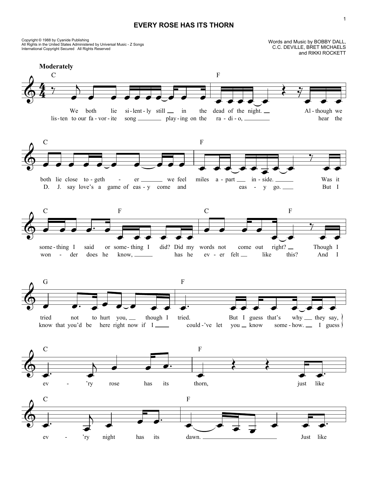 Every Rose Has Its Thorn Chords Every Rose Has Its Thorn Poison Piano Vocal Guitar Right Hand Melody Digital Sheet Music