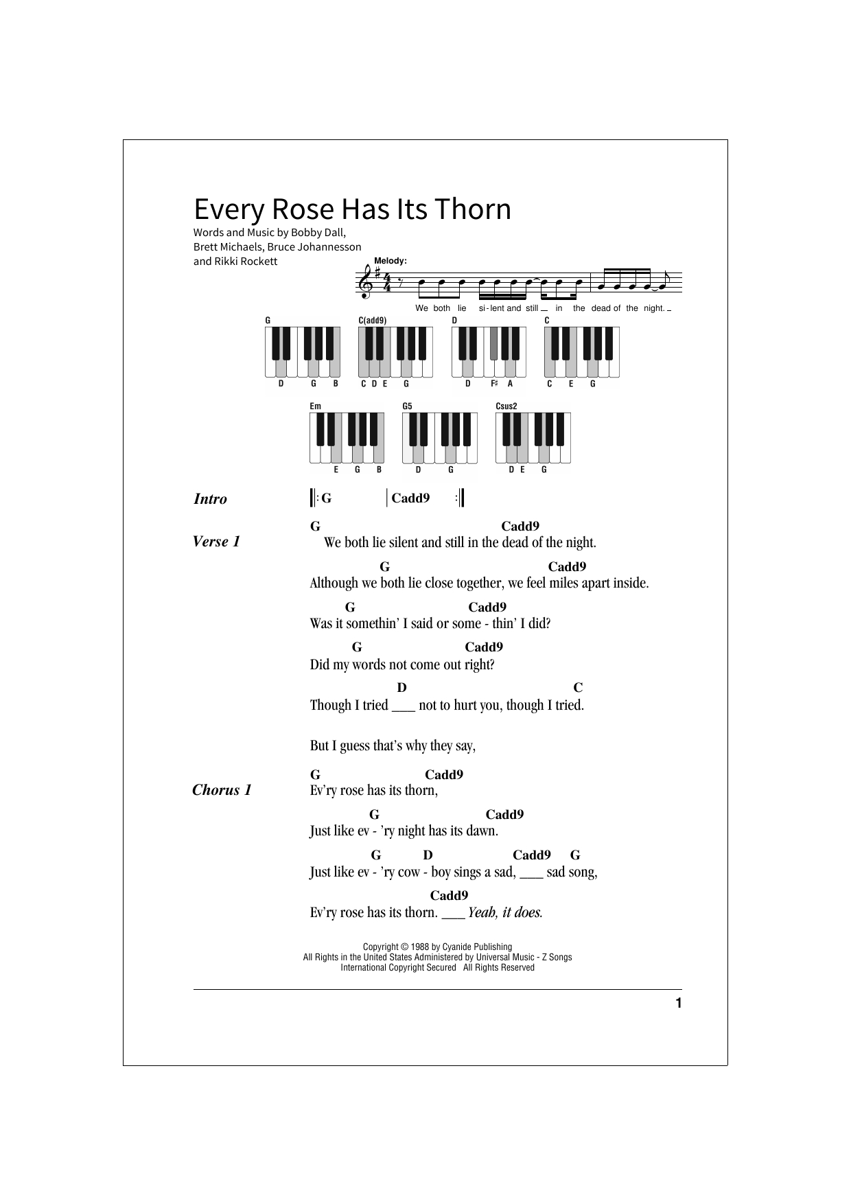 Every Rose Has Its Thorn Chords Every Rose Has Its Thorn School Of Rock Keys Print Sheet Music