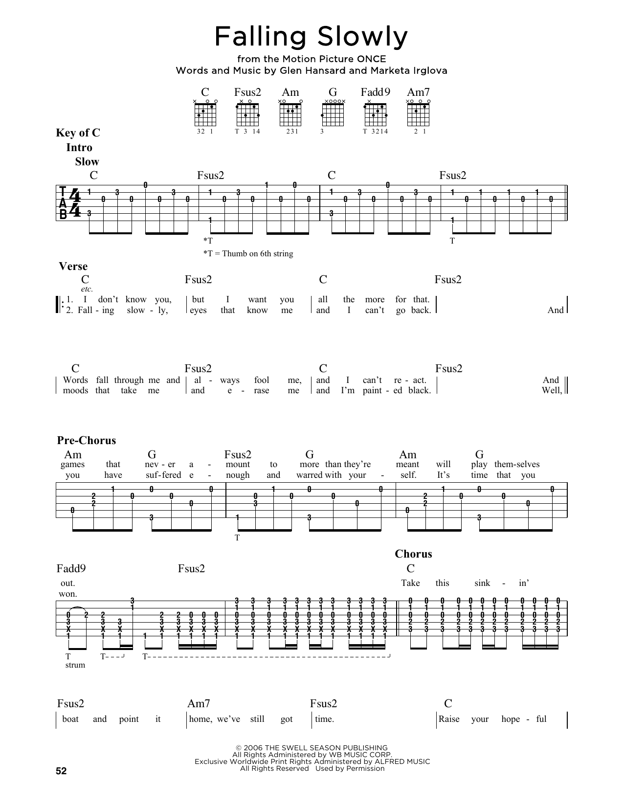 Falling Slowly Chords Falling Slowly Glen Hansard Guitar Chordslyrics Digital Sheet Music