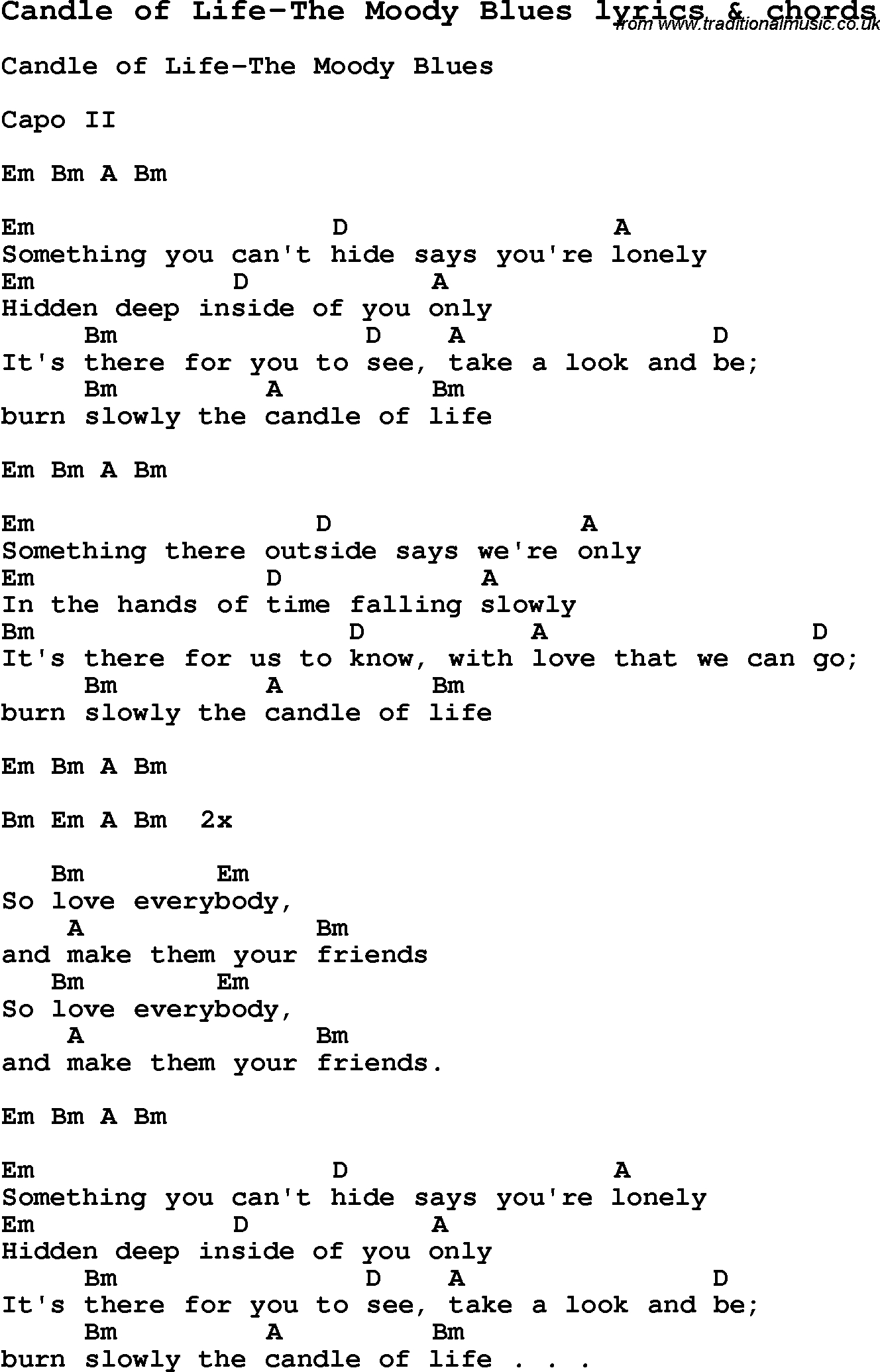 Falling Slowly Chords Love Song Lyrics Forcandle Of Life The Moody Blues With Chords