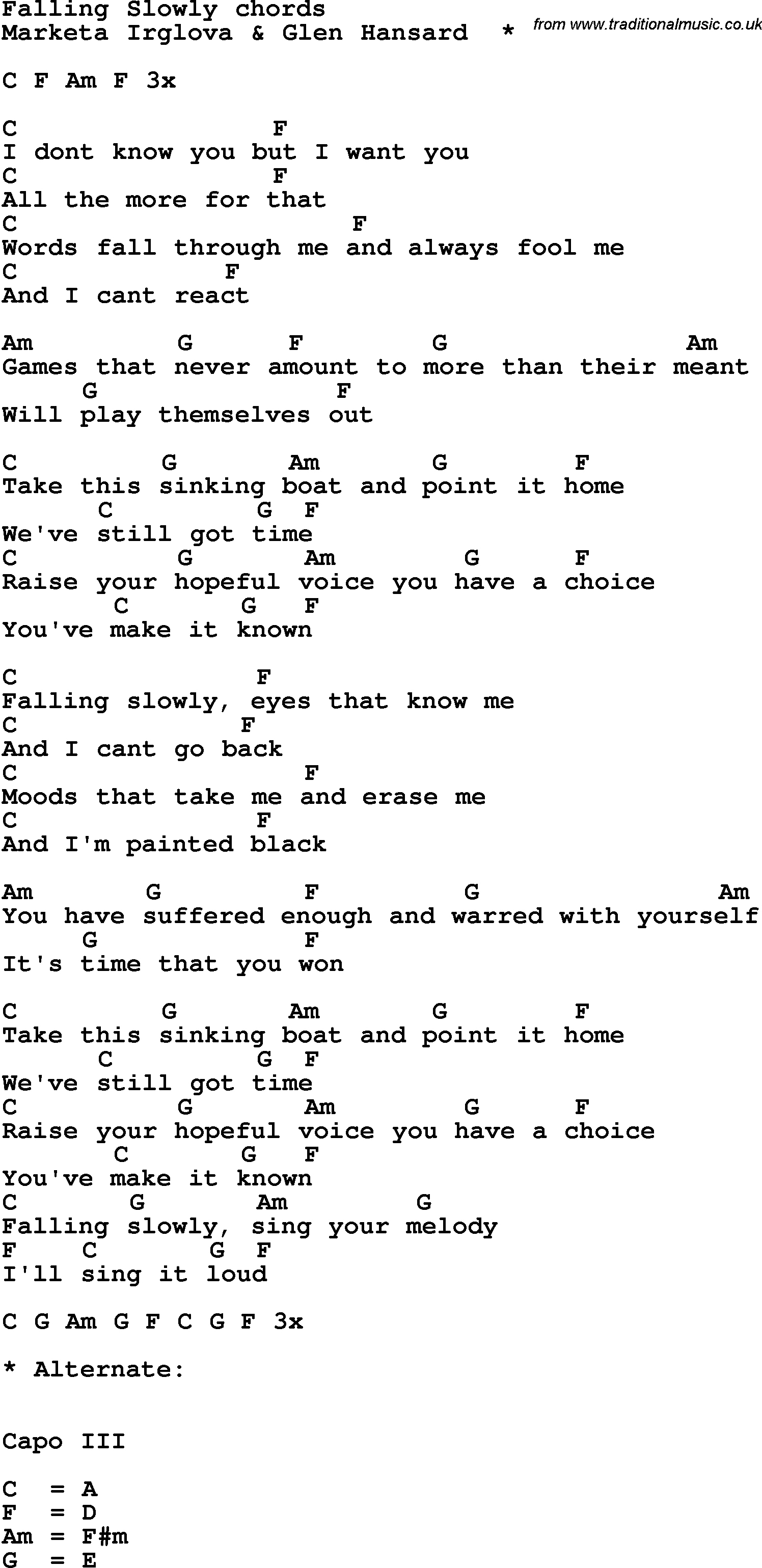 Falling Slowly Chords Song Lyrics With Guitar Chords For Falling Slowly