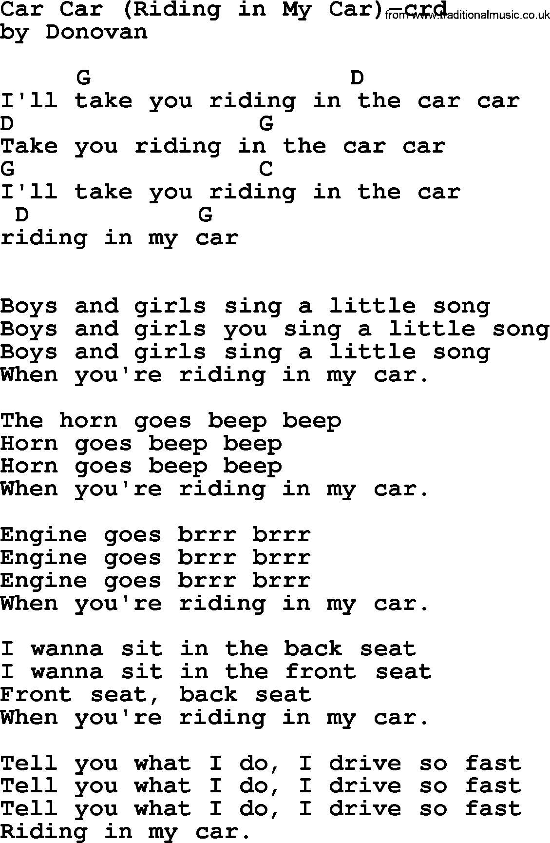 Fast Car Chords Donovan Leitch Song Car Car Lyrics And Chords