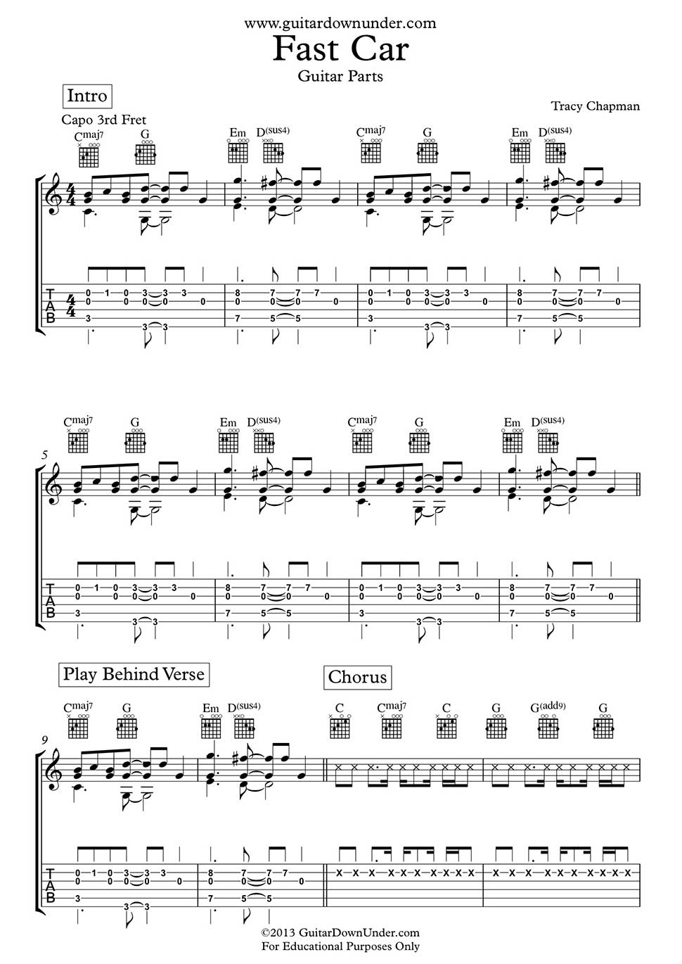 Fast Car Chords Fast Car Guitar Chords And Tab Tracy Chapman Arranged For
