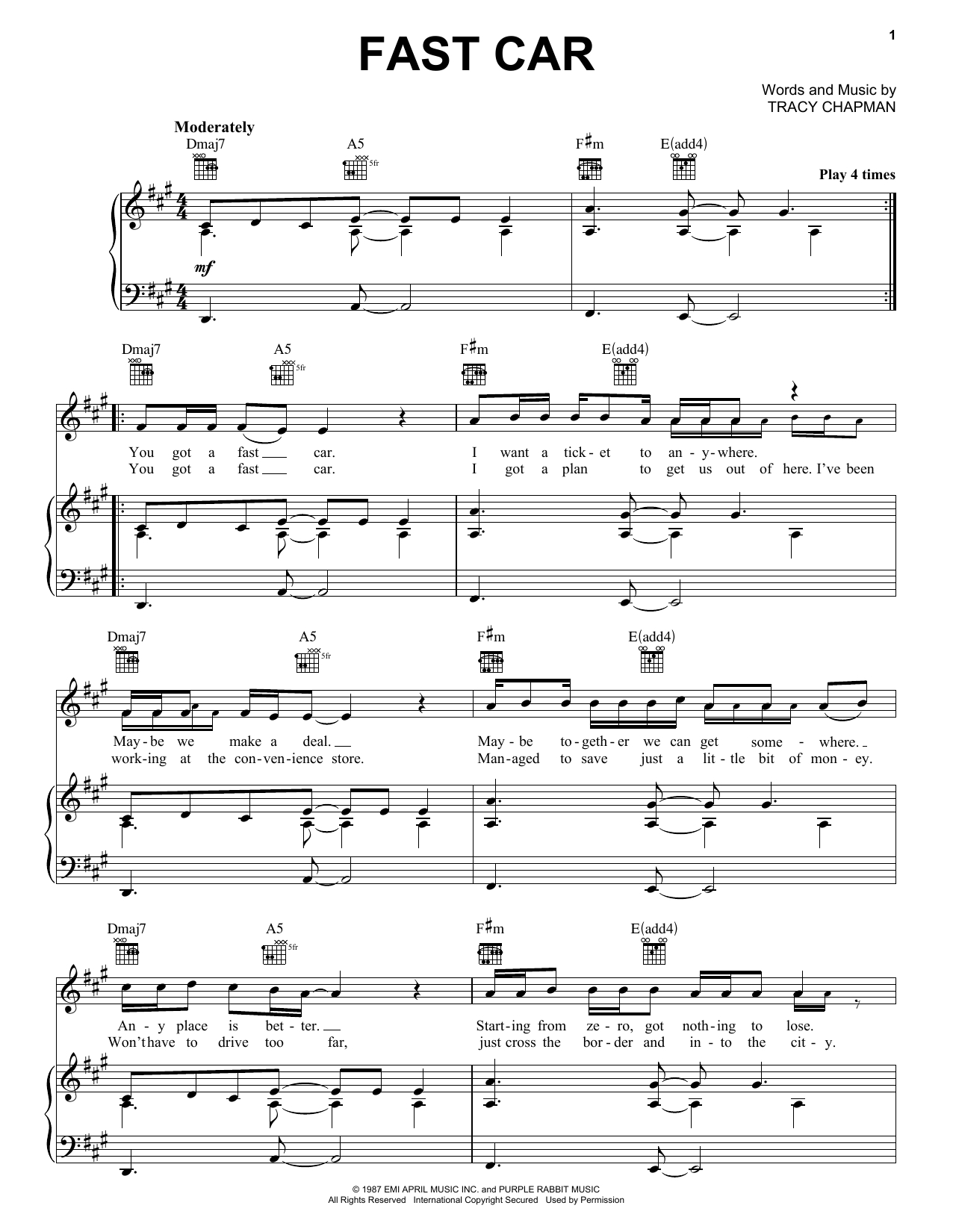 Fast Car Chords Fast Car Piano Vocal Guitar Right Hand Melody Sheet Music
