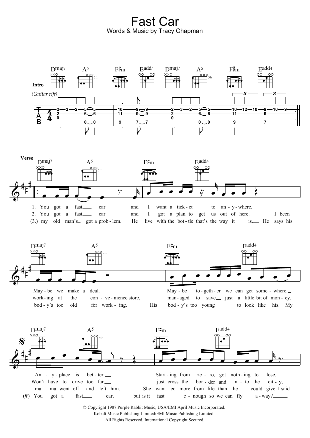 Fast Car Chords Fast Car Tracy Chapman Piano Vocal Guitar Right Hand Melody Digital Sheet Music