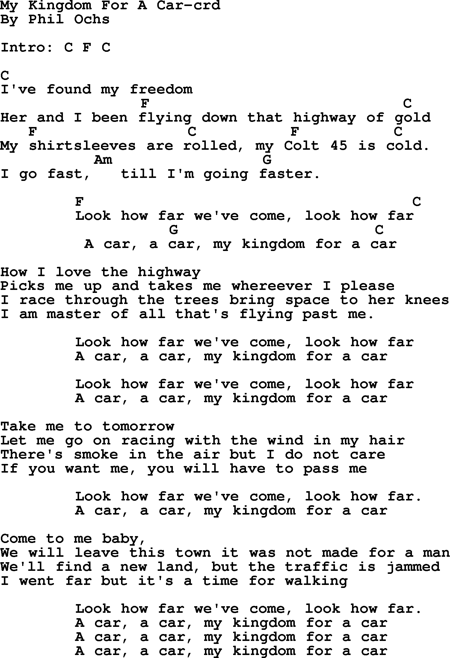 Fast Car Chords Phil Ochs Song My Kingdom For A Car Lyrics And Chords