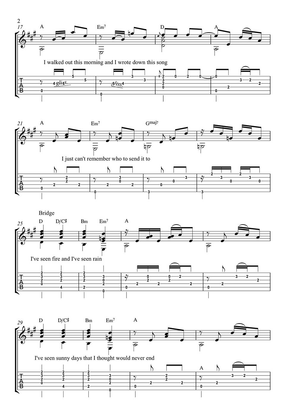 Fire And Rain Chords Fire And Rain James Taylor Fingerstyle Guitar Music In Tab And
