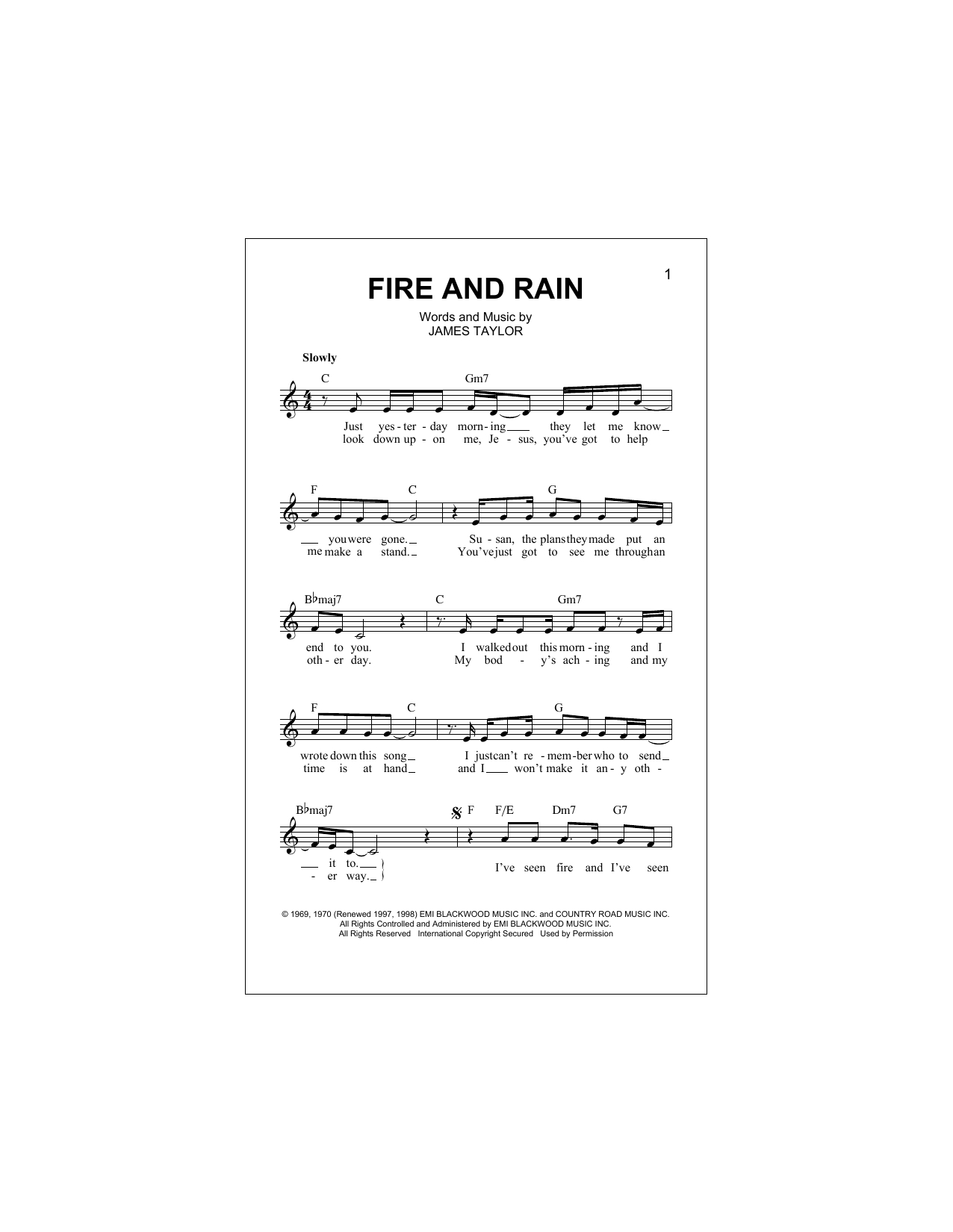 Fire And Rain Chords Fire And Rain Lead Sheet Fake Book Print Sheet Music Now