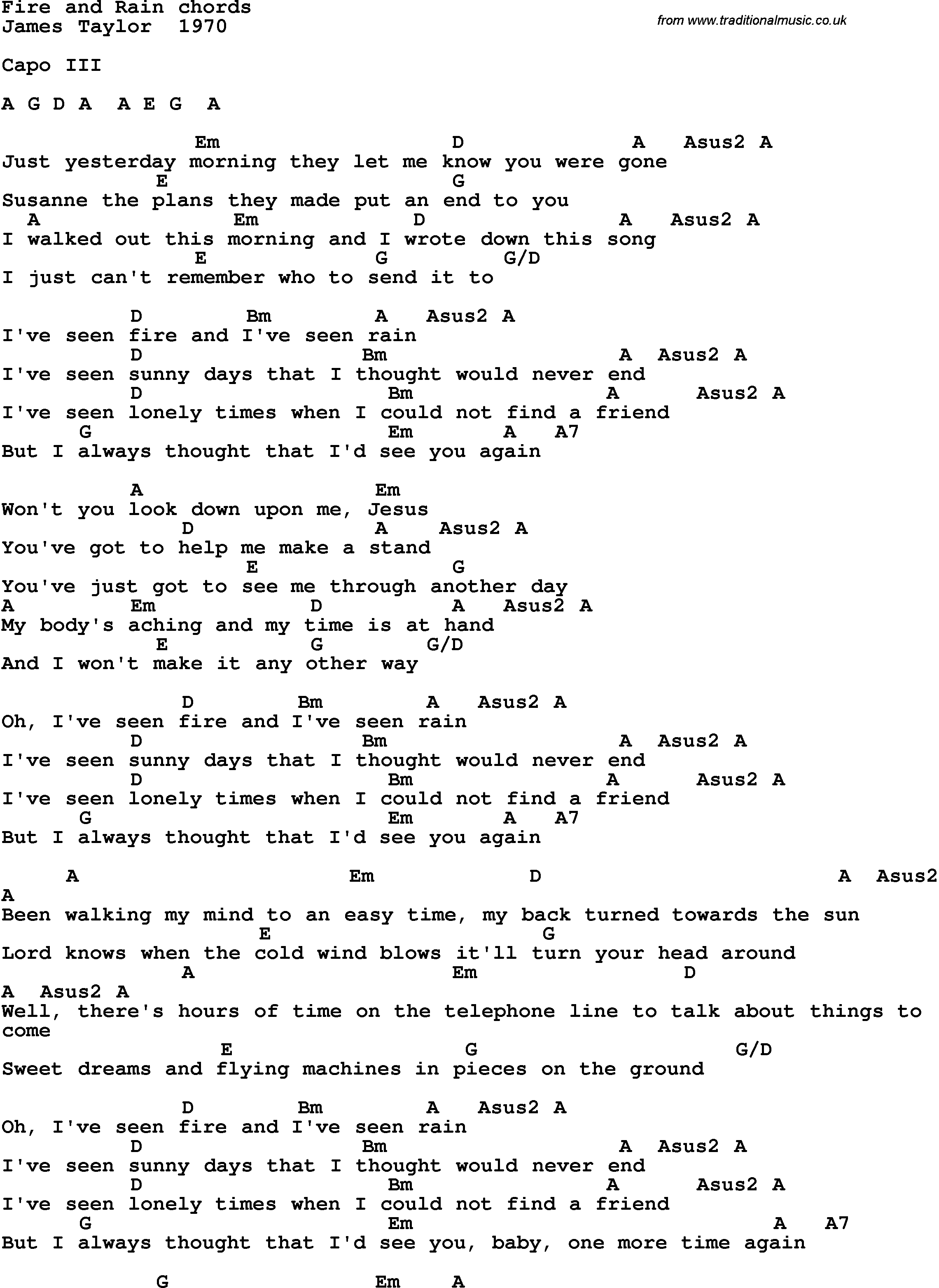 Fire And Rain Chords Song Lyrics With Guitar Chords For Fire And Rain