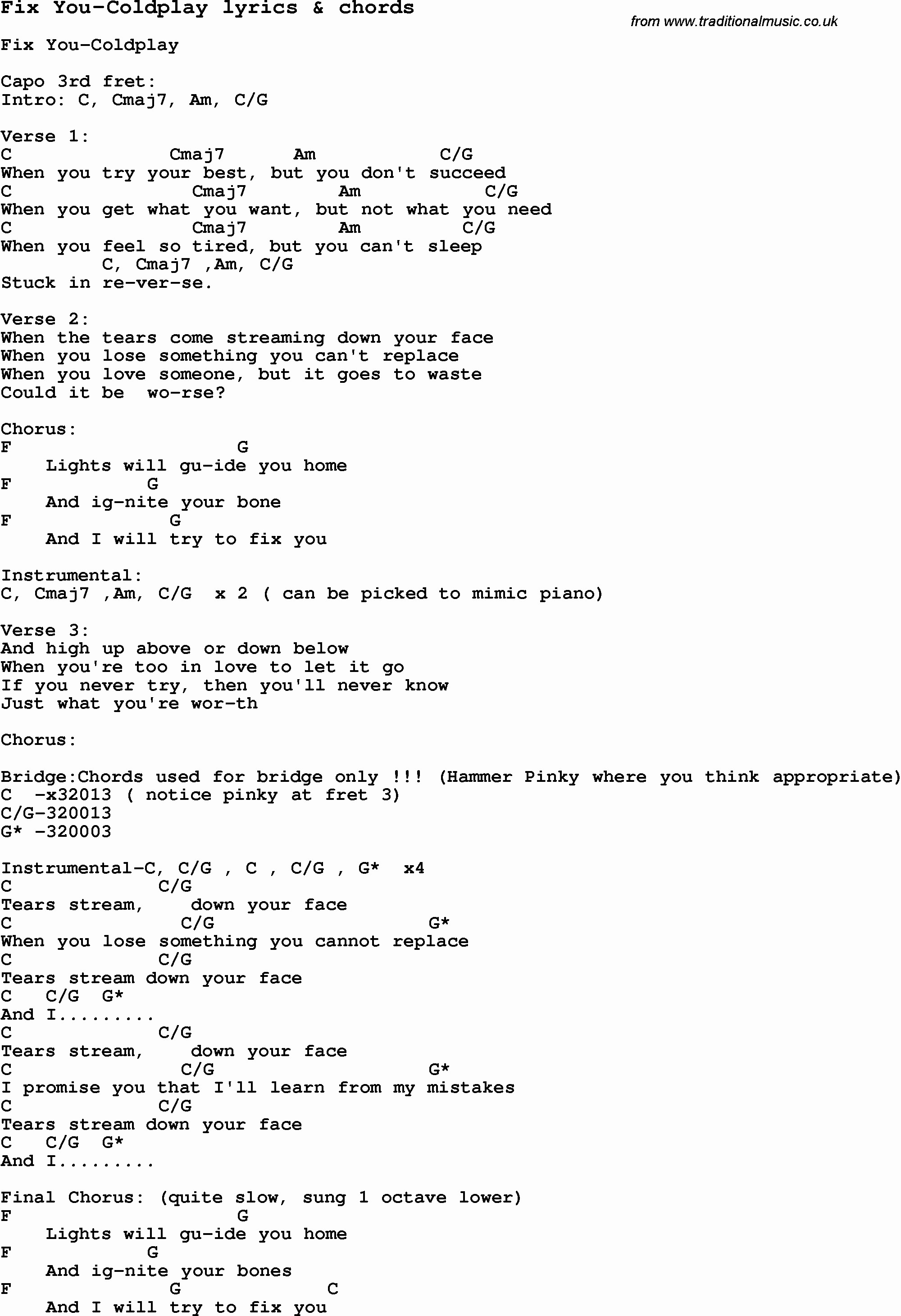 Fix You Chords Coldplay Guitar Chords Accomplice Music