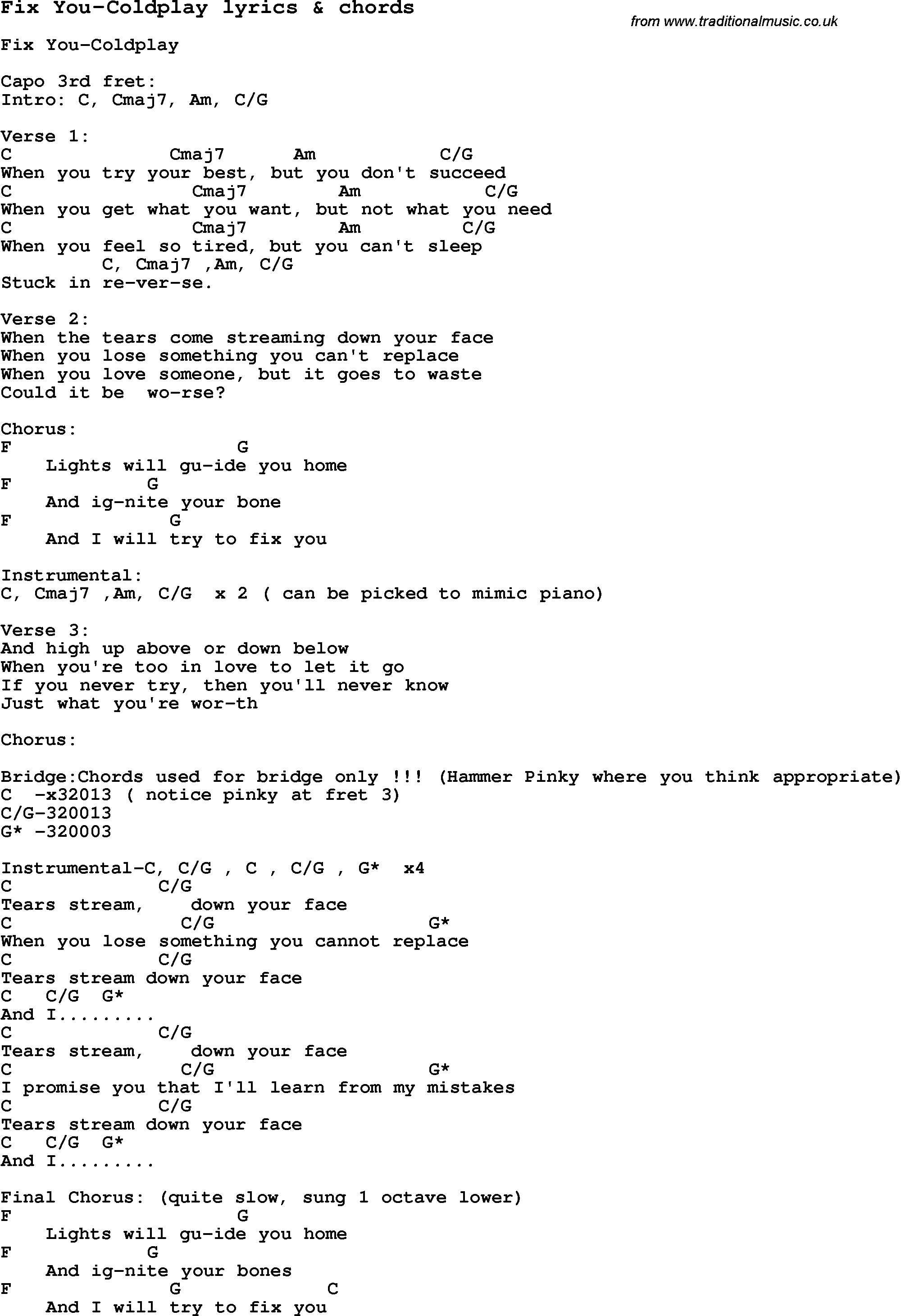 Fix You Chords Love Song Lyrics Forfix You Coldplay With Chords