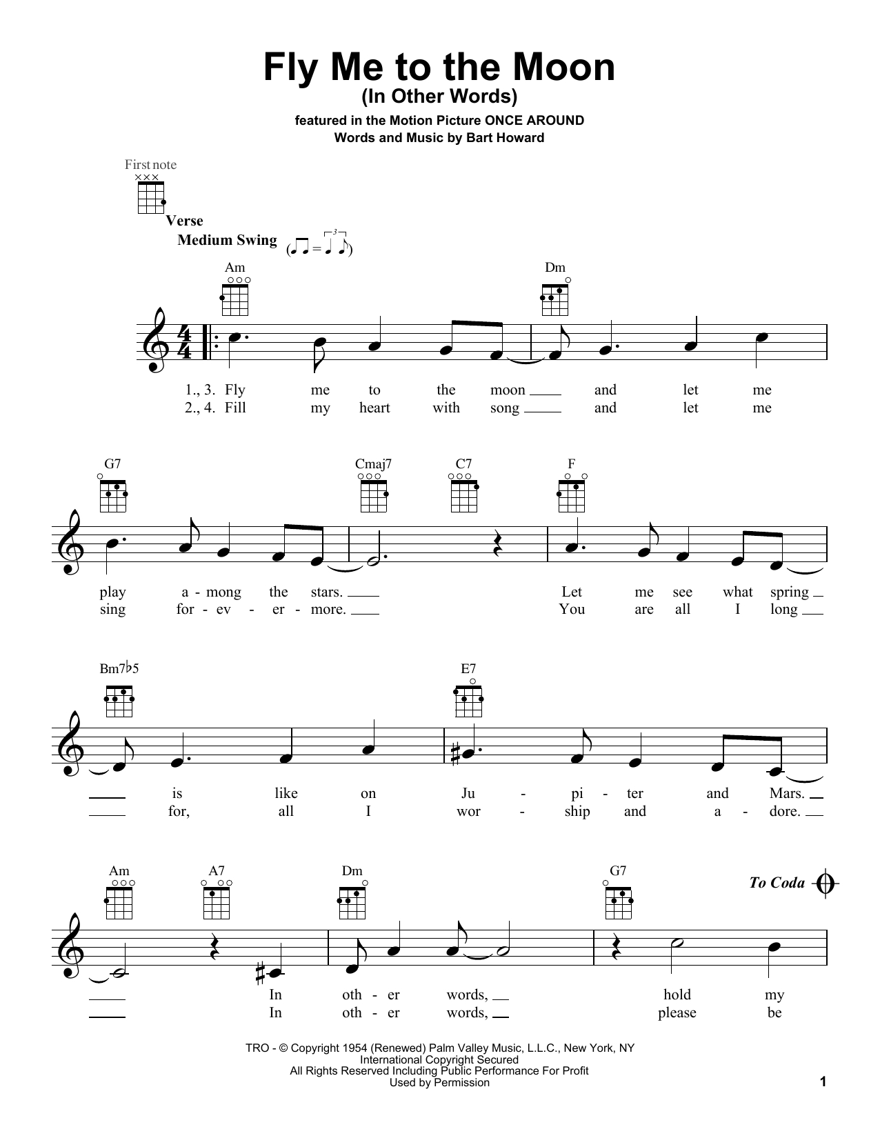 Fly Me To The Moon Chords Bob Darin Fly Me To The Moon In Other Words Sheet Music Notes Chords Download Printable Ukulele Sku 160205