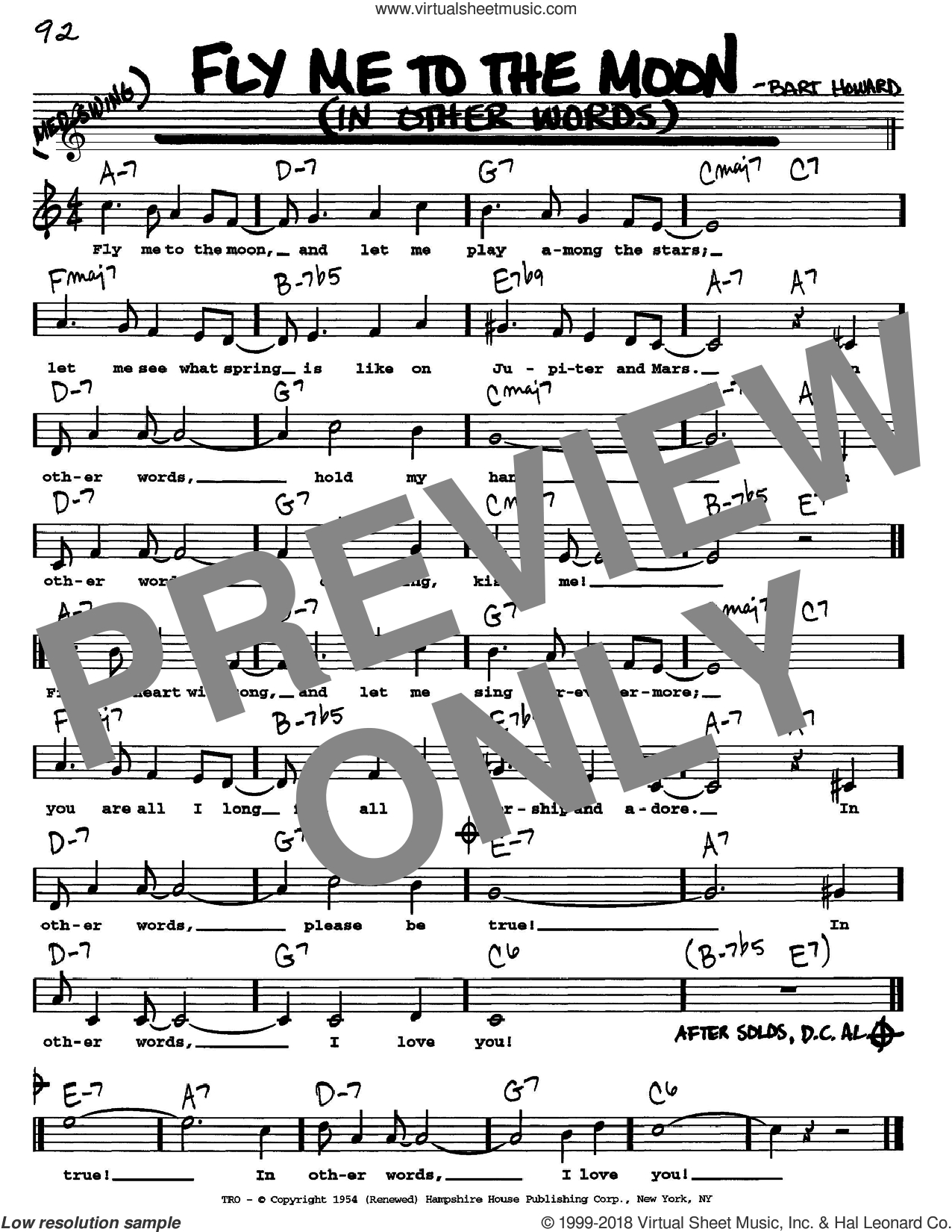 Fly Me To The Moon Chords Sinatra Fly Me To The Moon In Other Words Sheet Music Real Book With Lyrics
