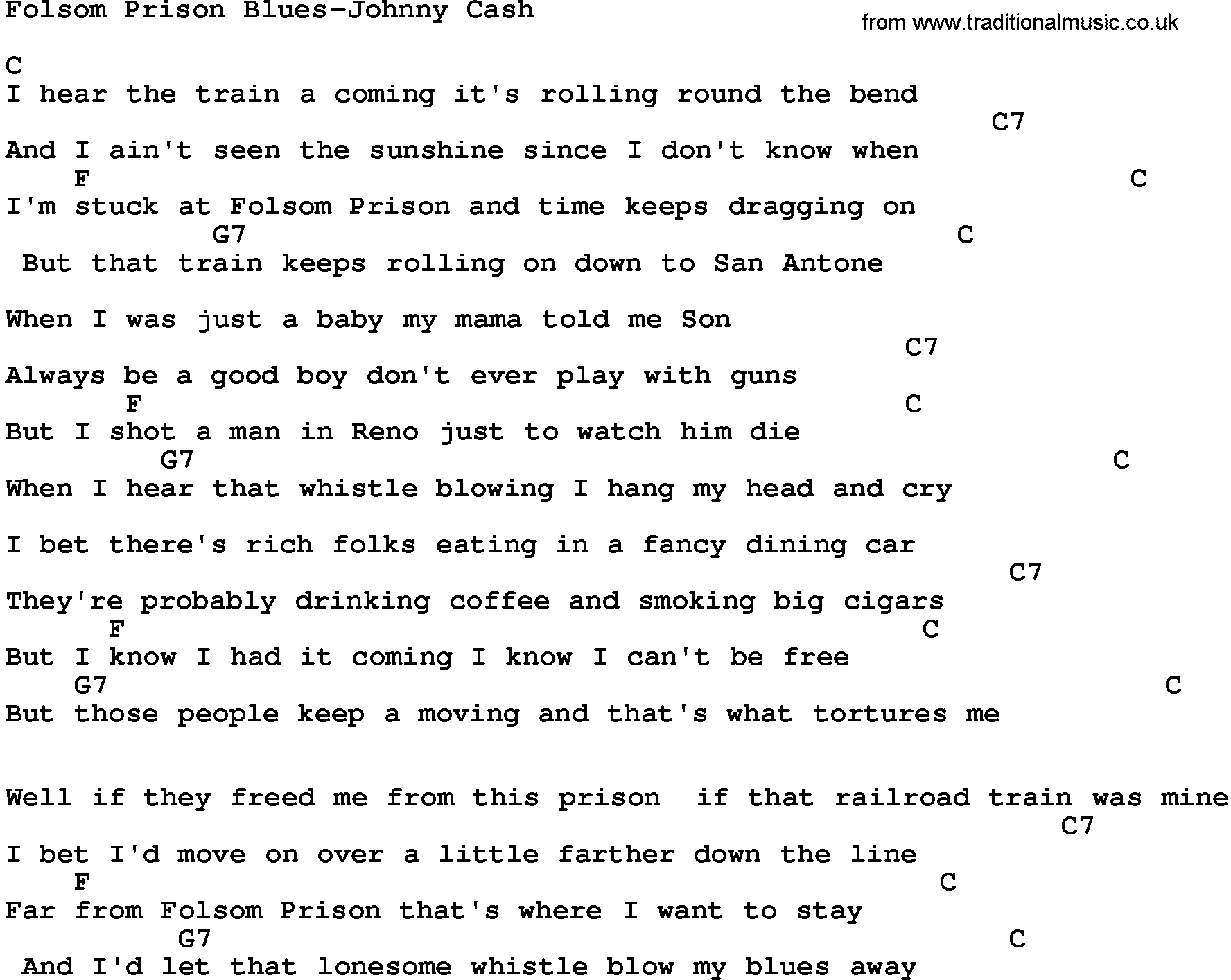 Folsom Prison Blues Chords Country Musicfolsom Prison Blues Johnny Cash Lyrics And Chords