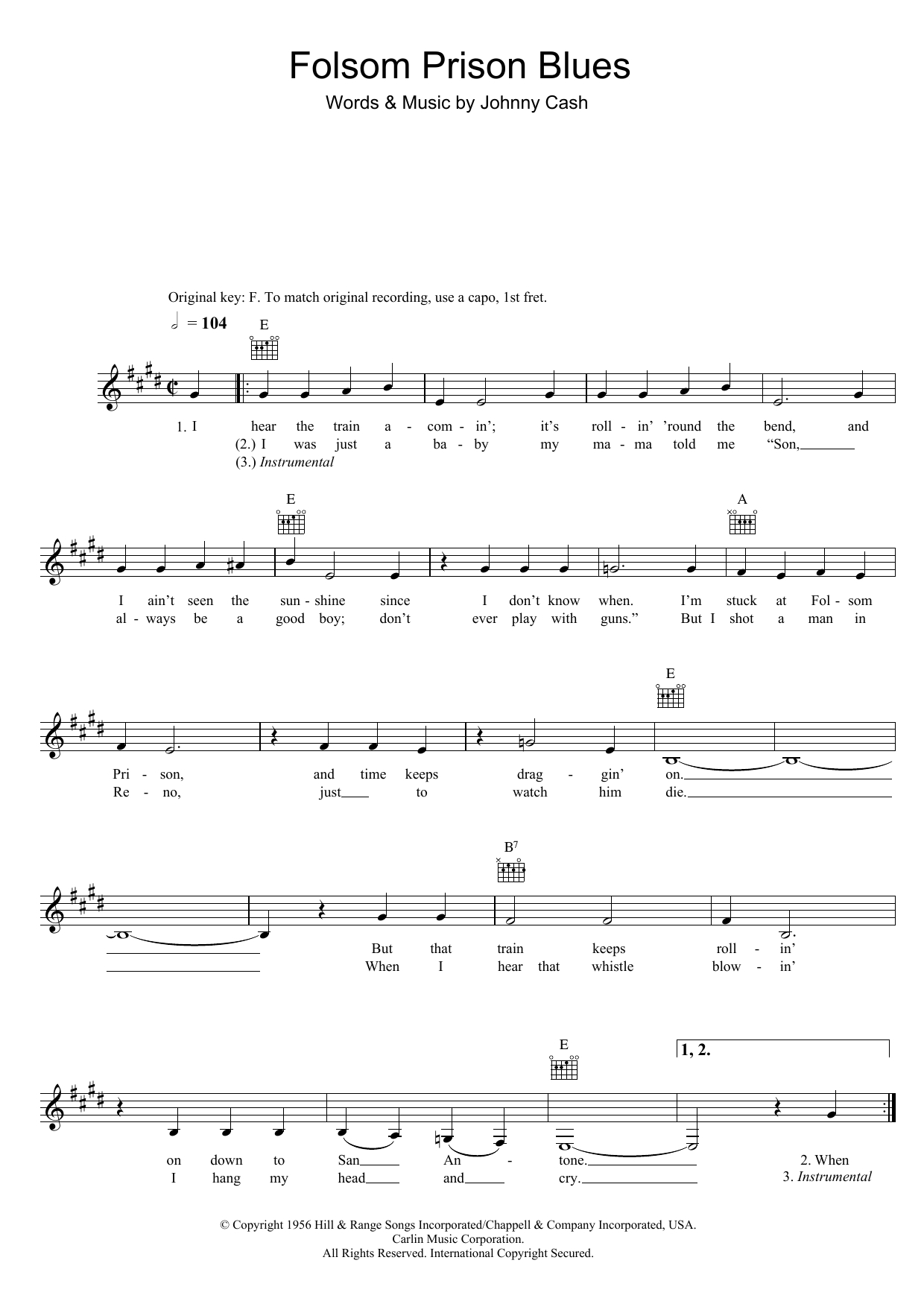 Folsom Prison Blues Chords Folsom Prison Blues Johnny Cash Piano Vocal Guitar Right Hand Melody Digital Sheet Music
