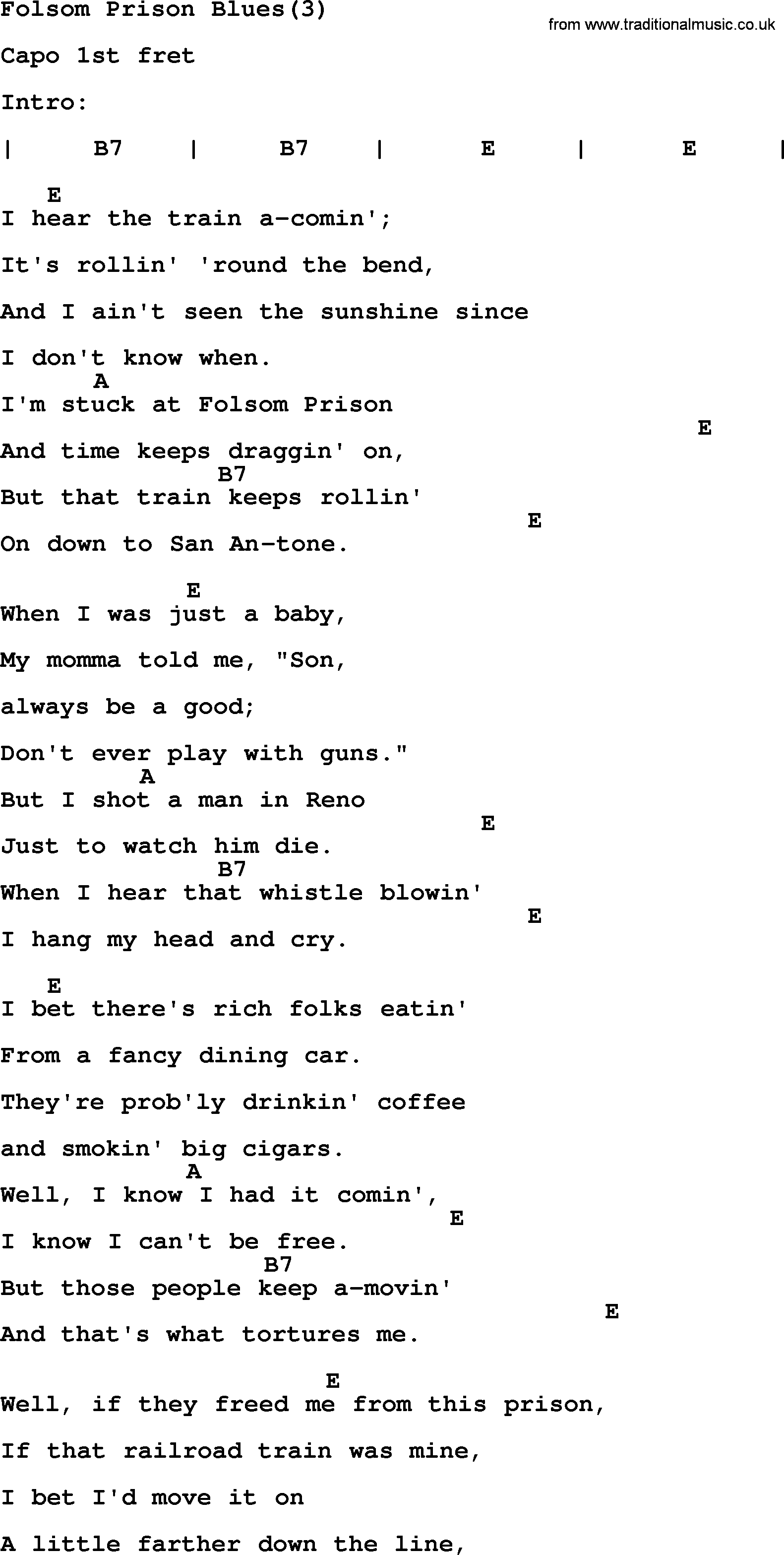 Folsom Prison Blues Chords Johnny Cash Song Folsom Prison Blues3 Lyrics And Chords