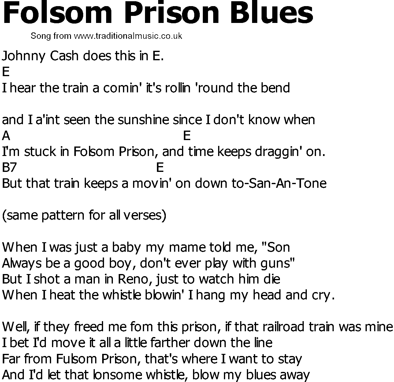 Folsom Prison Blues Chords Old Country Song Lyrics With Chords Folsom Prison Blues