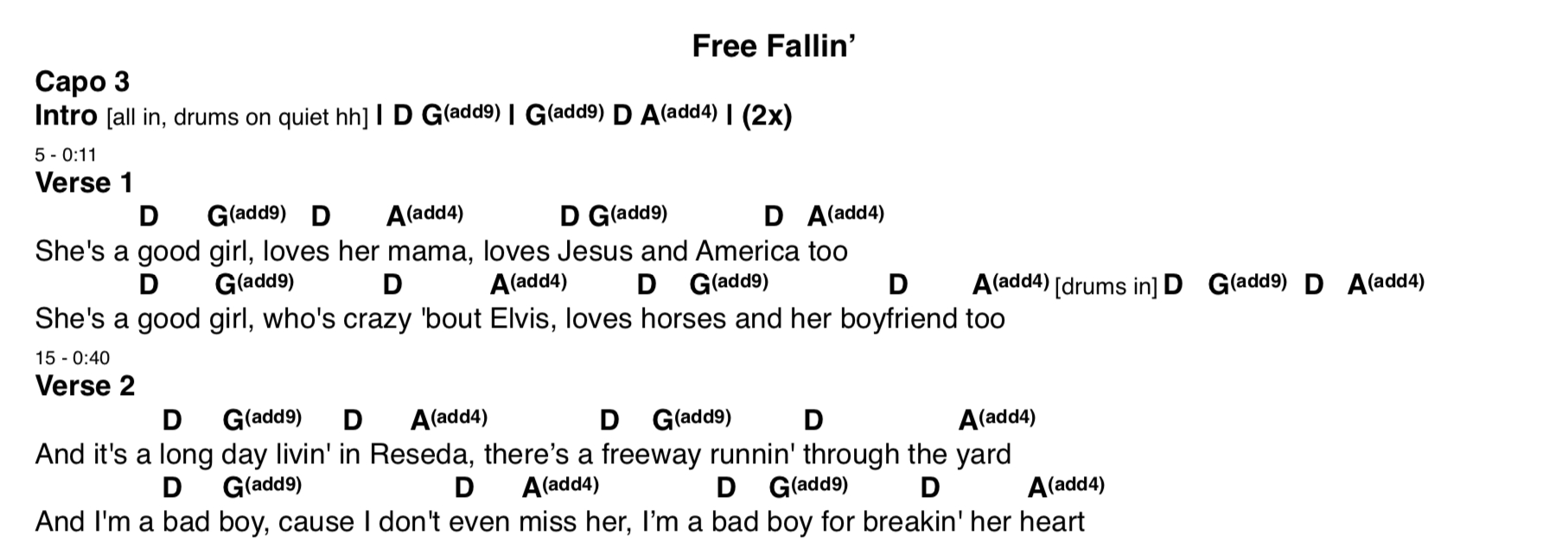 Free Fallin Chords Free Fallin Chord Sheet Capo 3