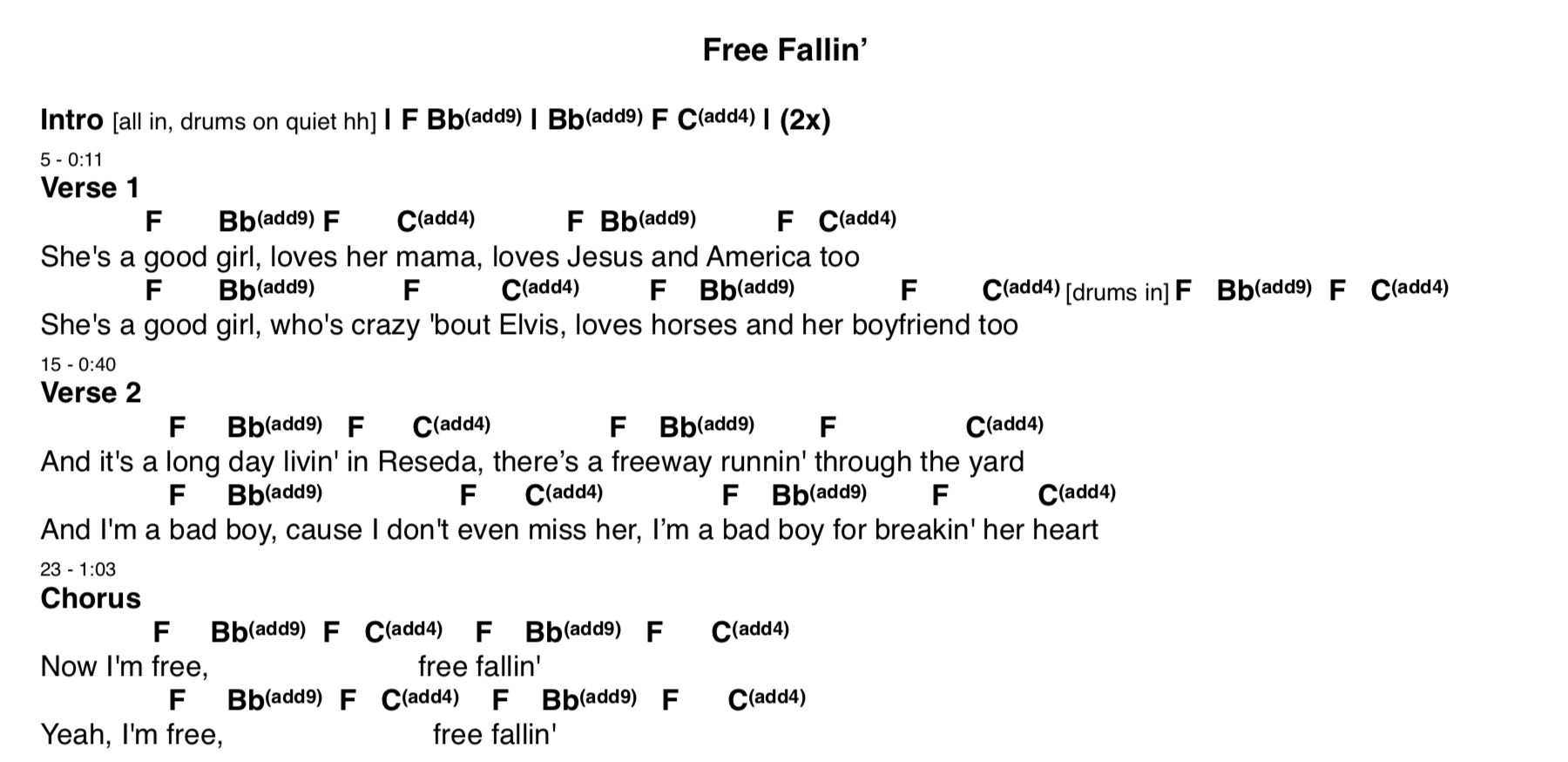 Free Fallin Chords Free Fallin Chord Sheet