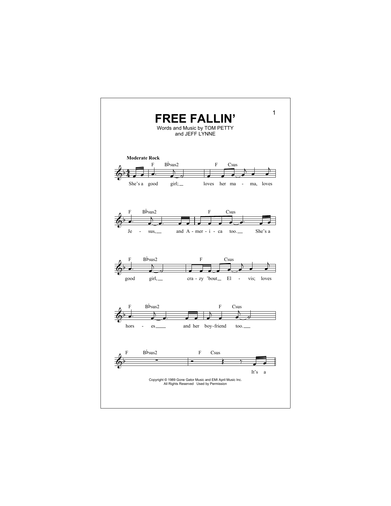 Free Fallin Chords Sheet Music Digital Files To Print Licensed Jeff Lynne Digital