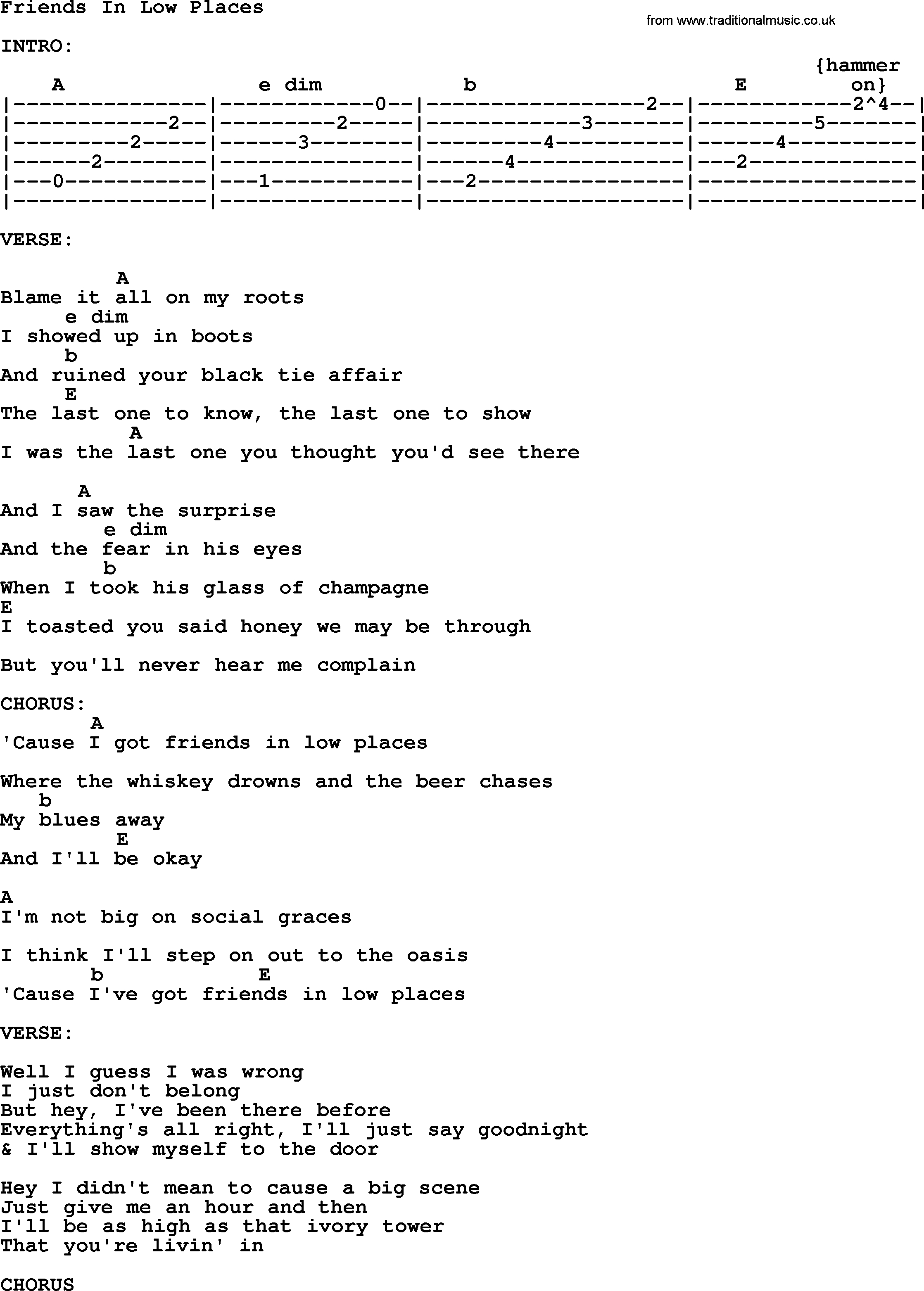 Friends In Low Places Chords Friends In Low Places Garth Brooks Lyrics And Chords