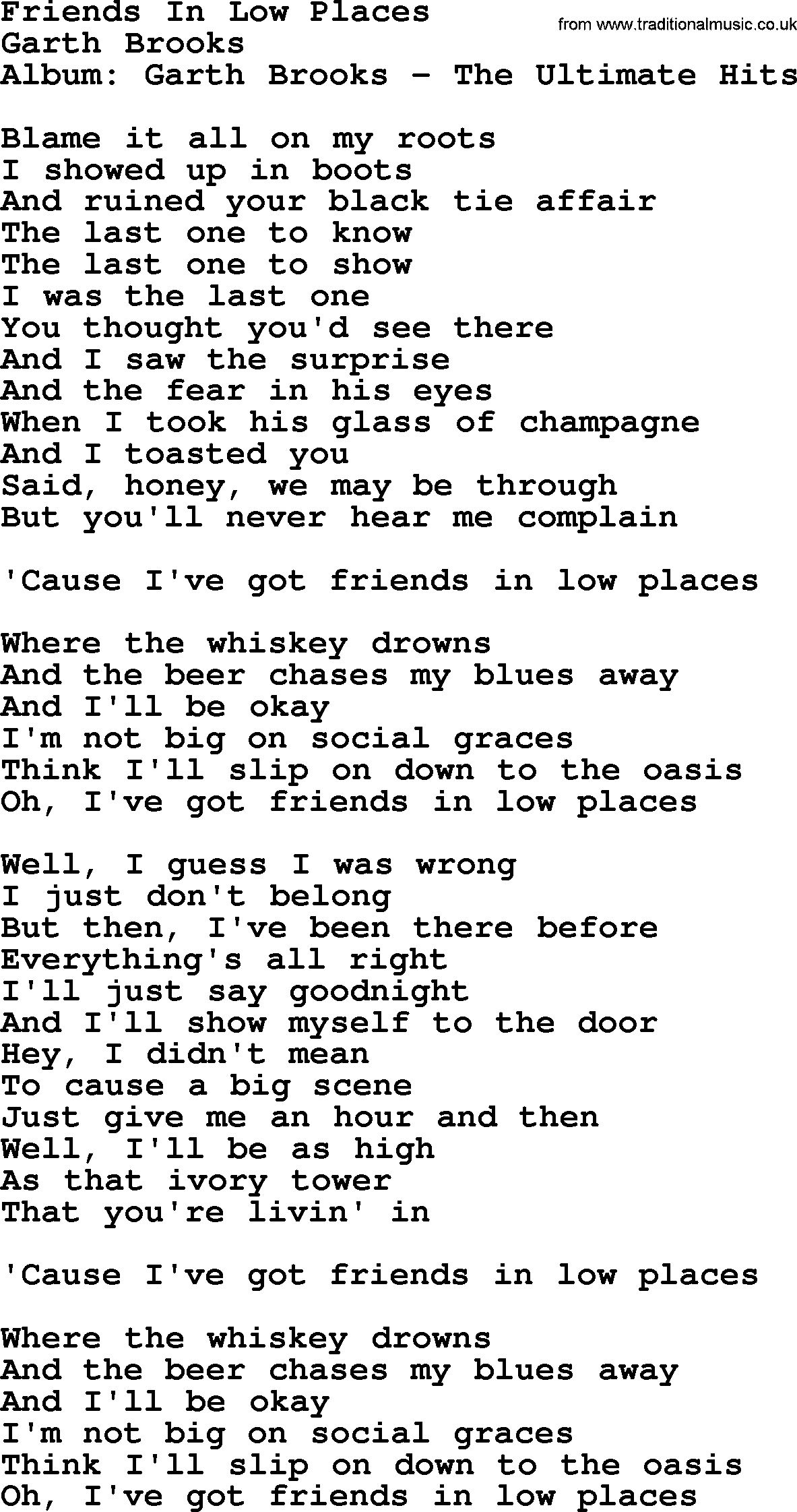 Friends In Low Places Chords Friends In Low Places Garth Brooks Lyrics