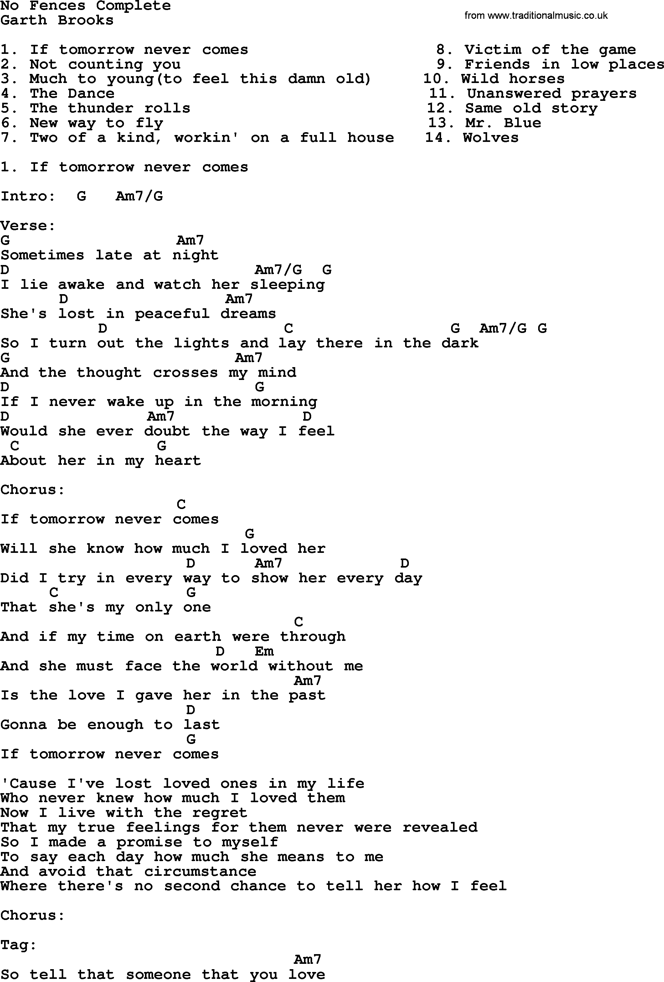 Friends In Low Places Chords No Fences Complete Garth Brooks Lyrics And Chords