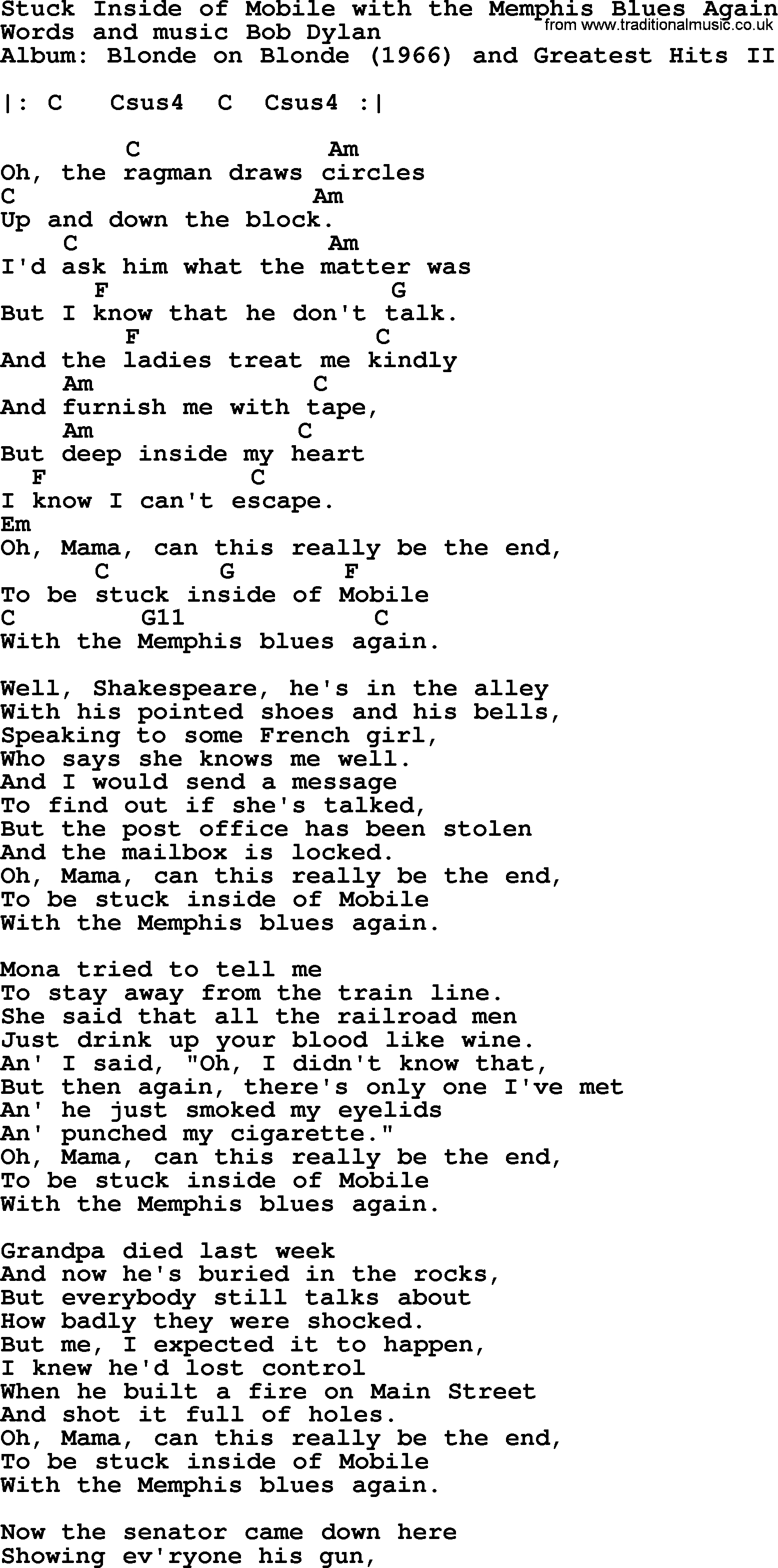From The Inside Out Chords Bob Dylan Song Stuck Inside Of Mobile With The Memphis Blues Again