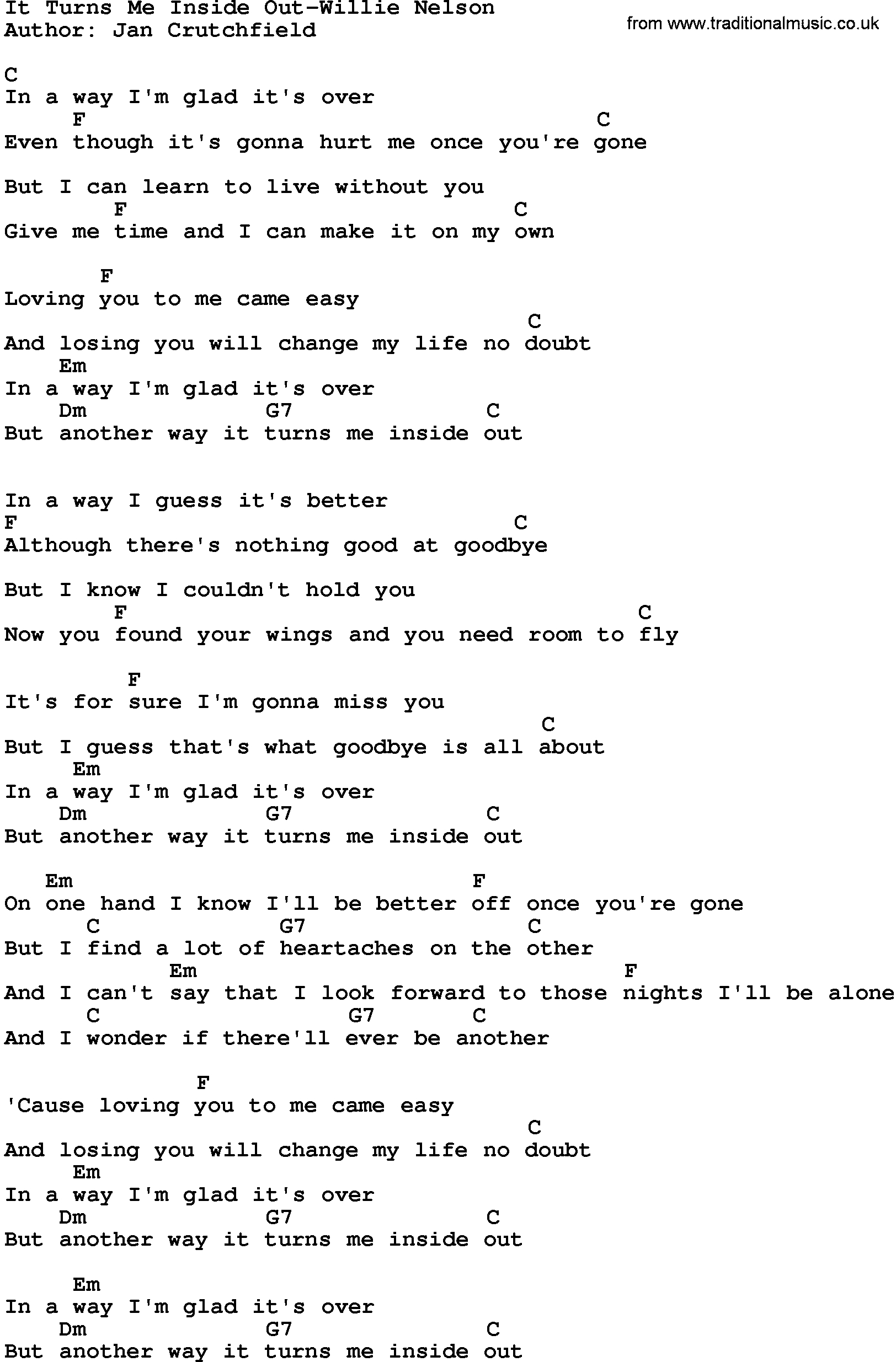 From The Inside Out Chords Country Musicit Turns Me Inside Out Willie Nelson Lyrics And Chords