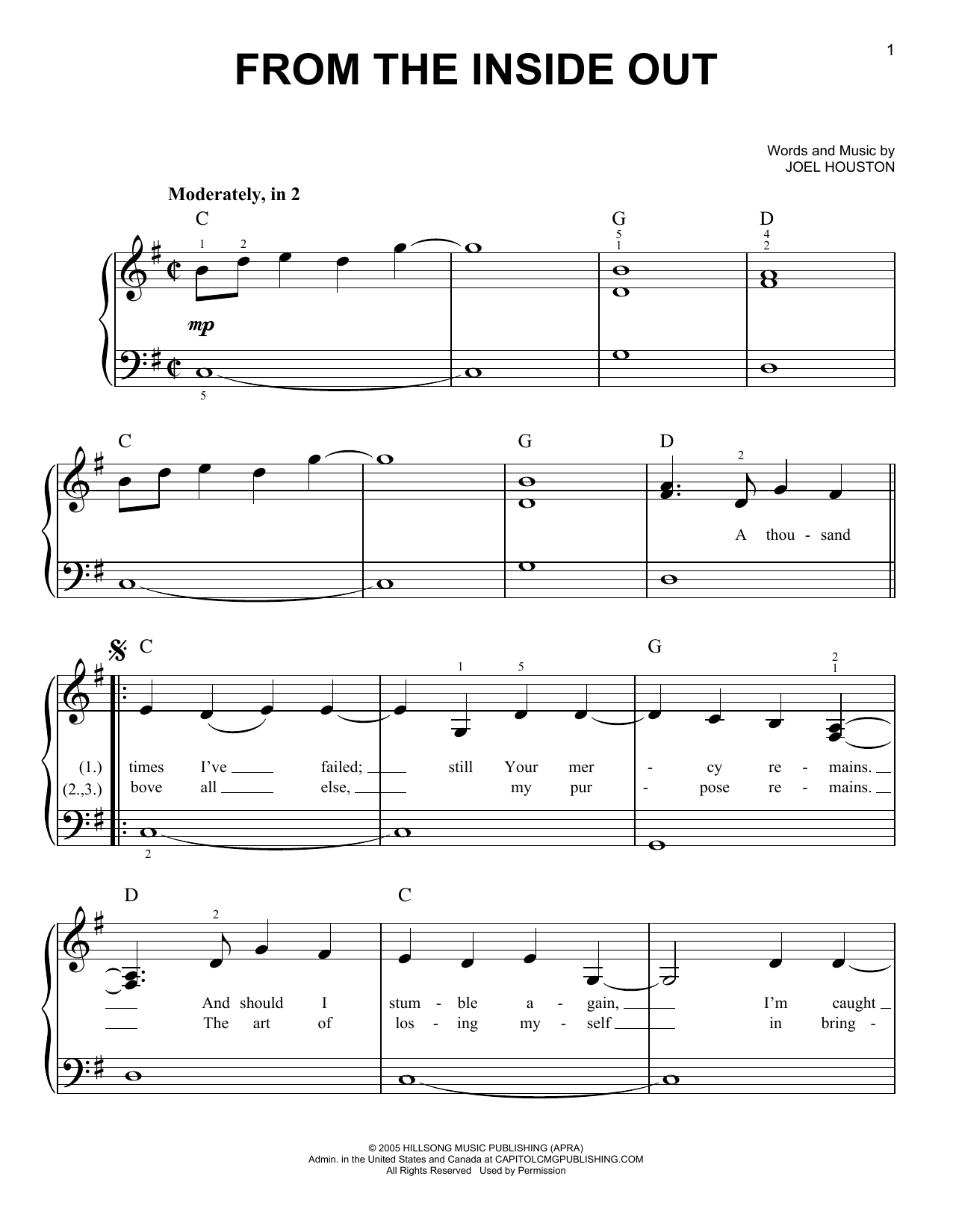 From The Inside Out Chords Joel Houston From The Inside Out Sheet Music Notes Chords Download Printable Piano Solo Sku 80471